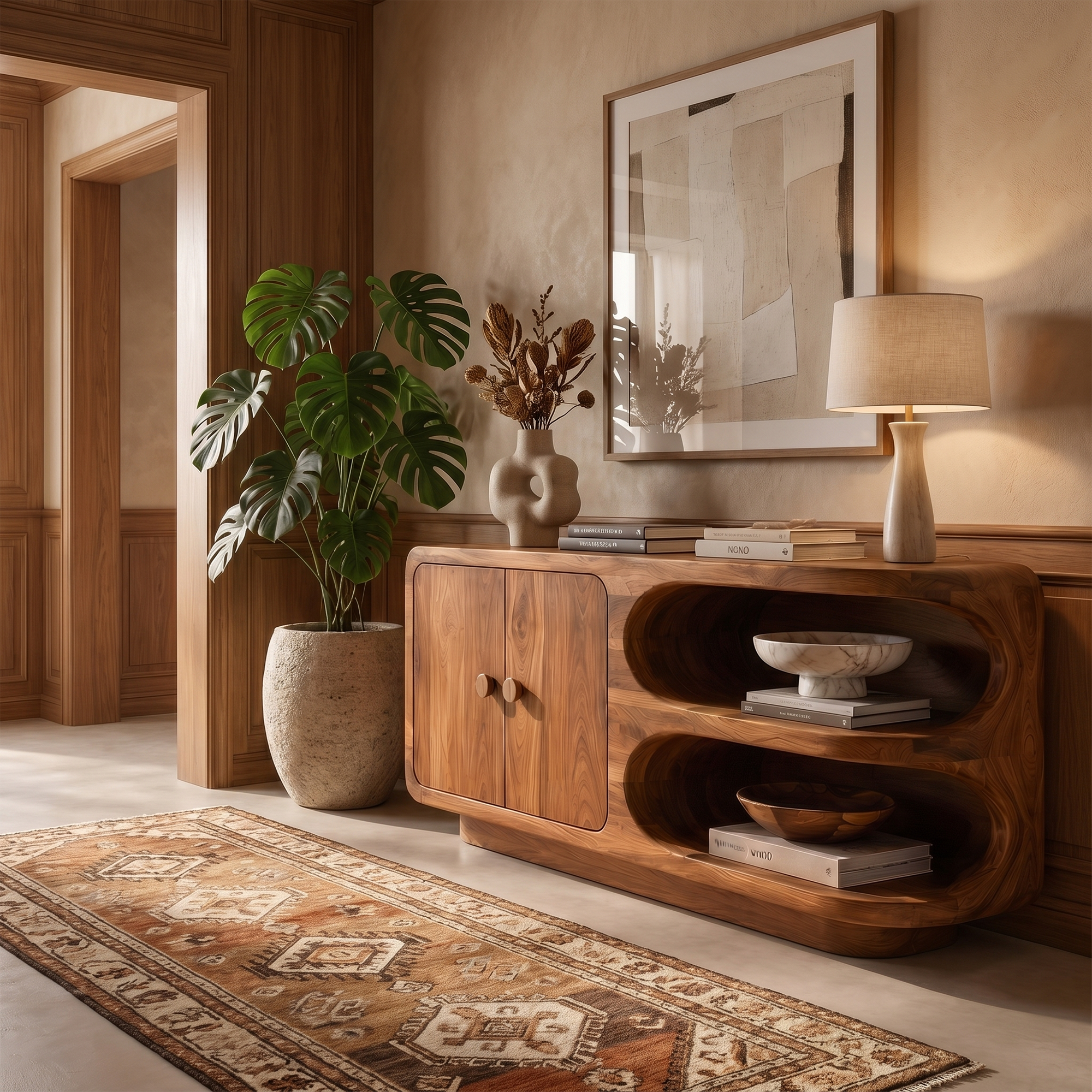 Organic Sideboard With Rounded Solid Wood Frame And Open Display Shelves For Living Room SINLKISC526