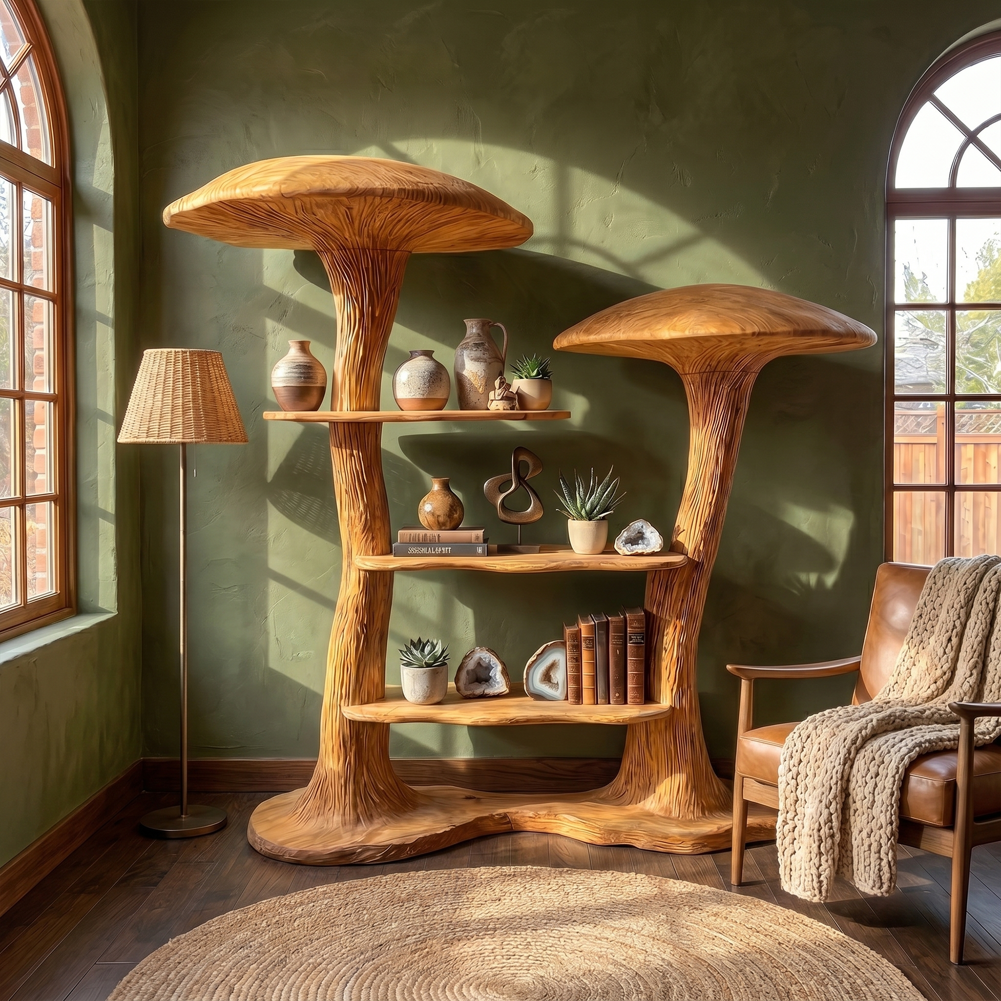 Organic Modern Mushroom Bookcase With Sculptural Solid Wood Form For Living Room SINLKITB742