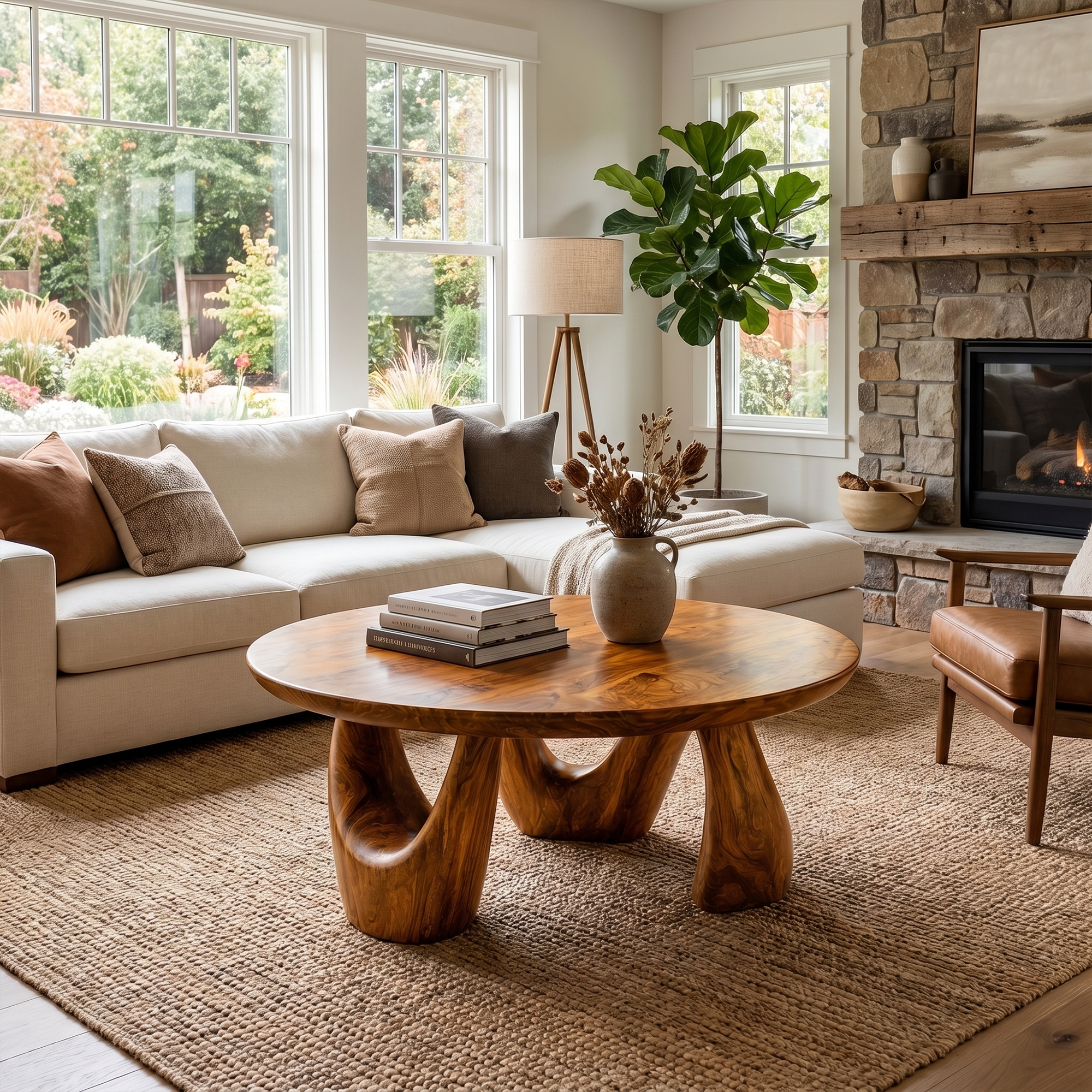 Organic Coffee Table With Freeform Live Edge Top And Sculptural Loop Wood Base For Living Room SINLKICF378