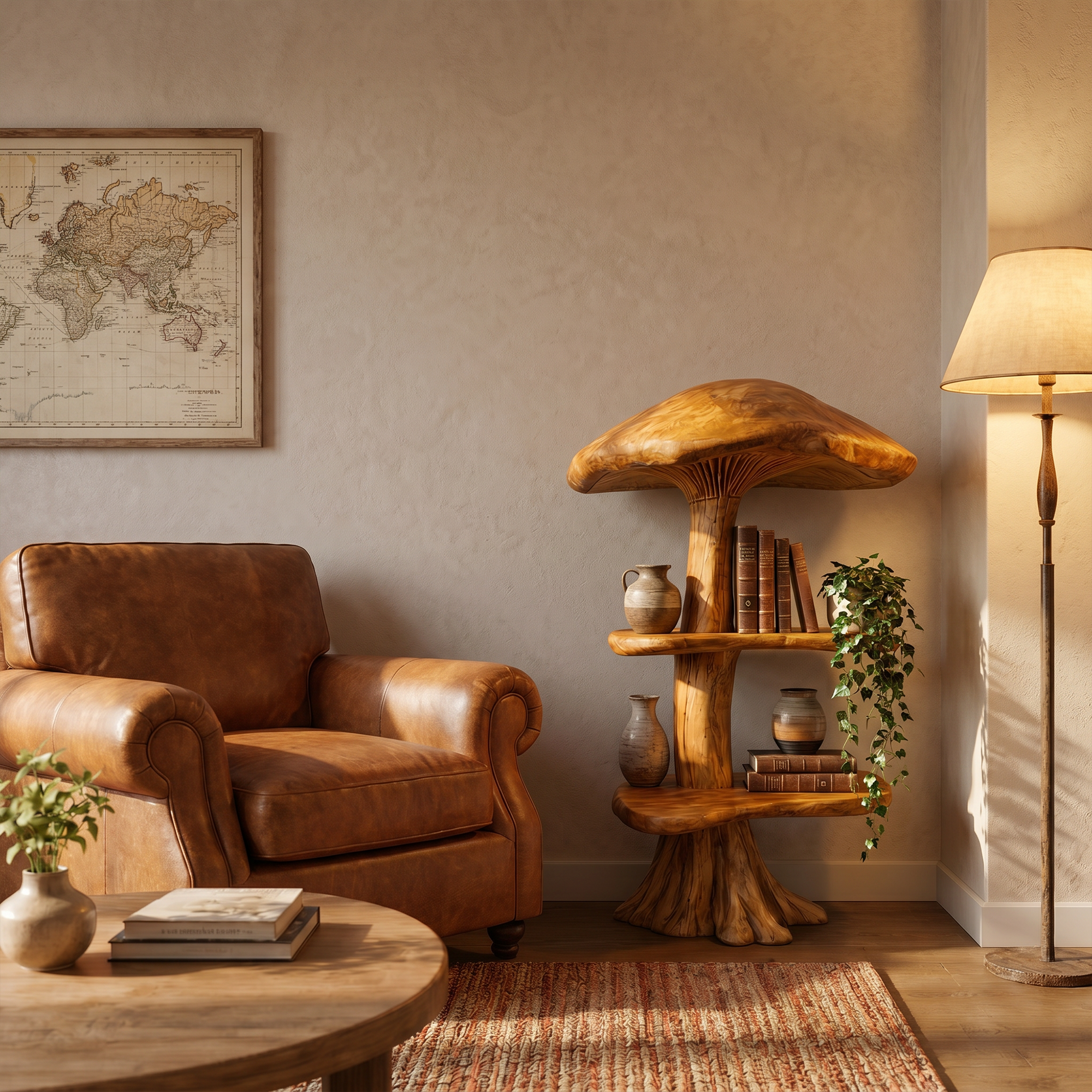 Organic Mushroom Display Bookshelf With Solid Wood Shelving For Living Room SINLKITB746