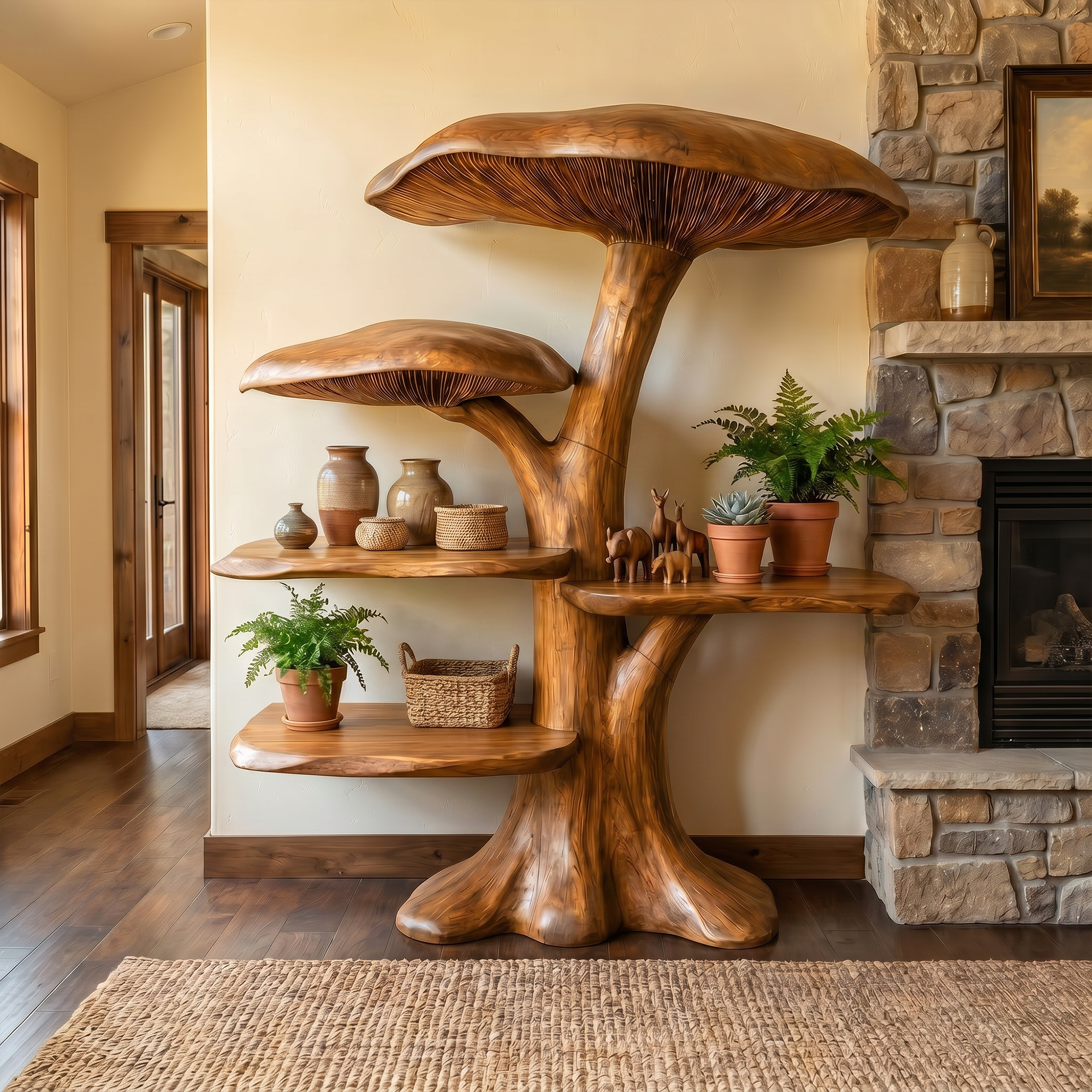 Organic Mushroom Shelf With Sculptural Solid Wood Form For Living Room SINLKITB747