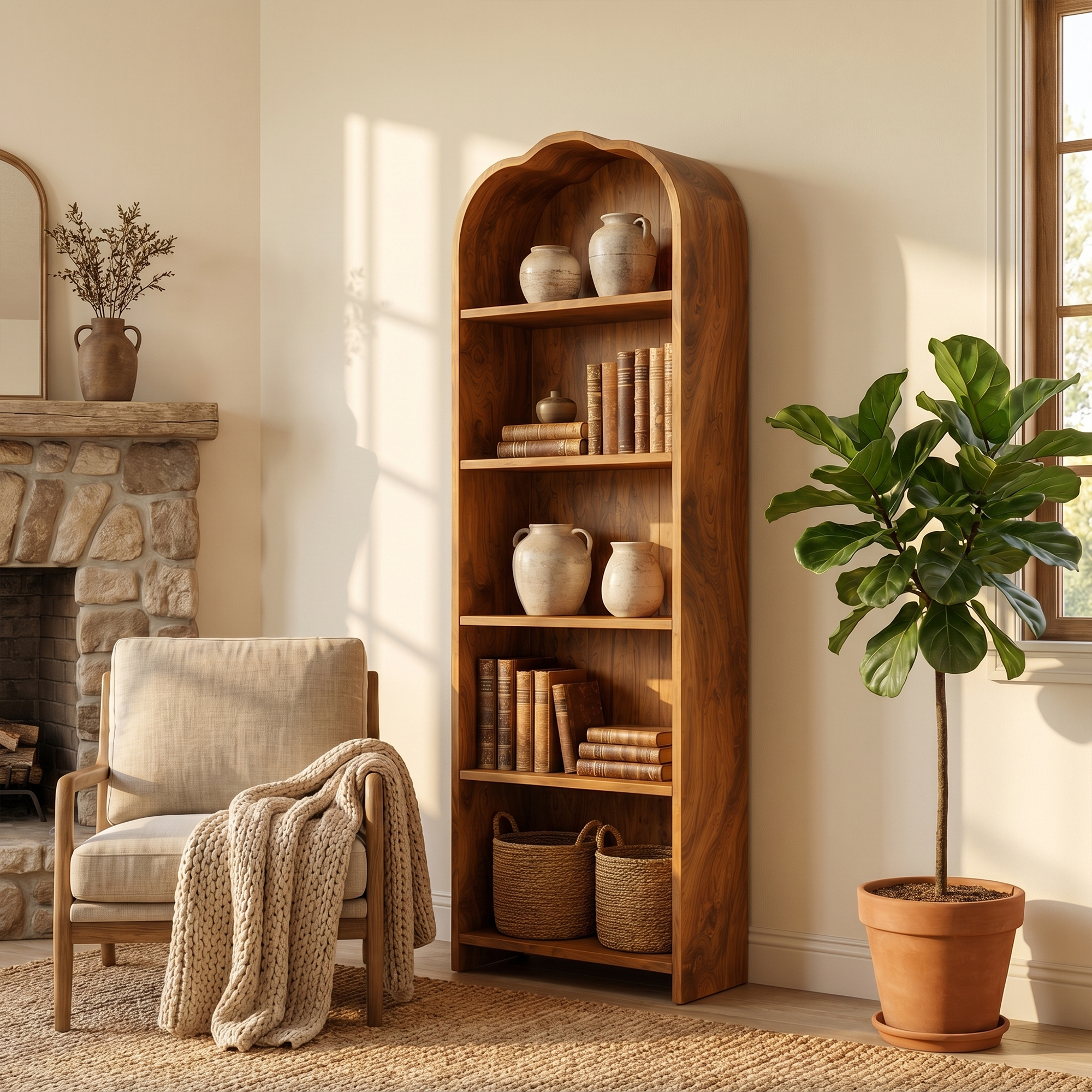 Rustic Arched Bookshelf With Solid Wood Frame And Open Display Shelves For Living Room SINLKIBS034