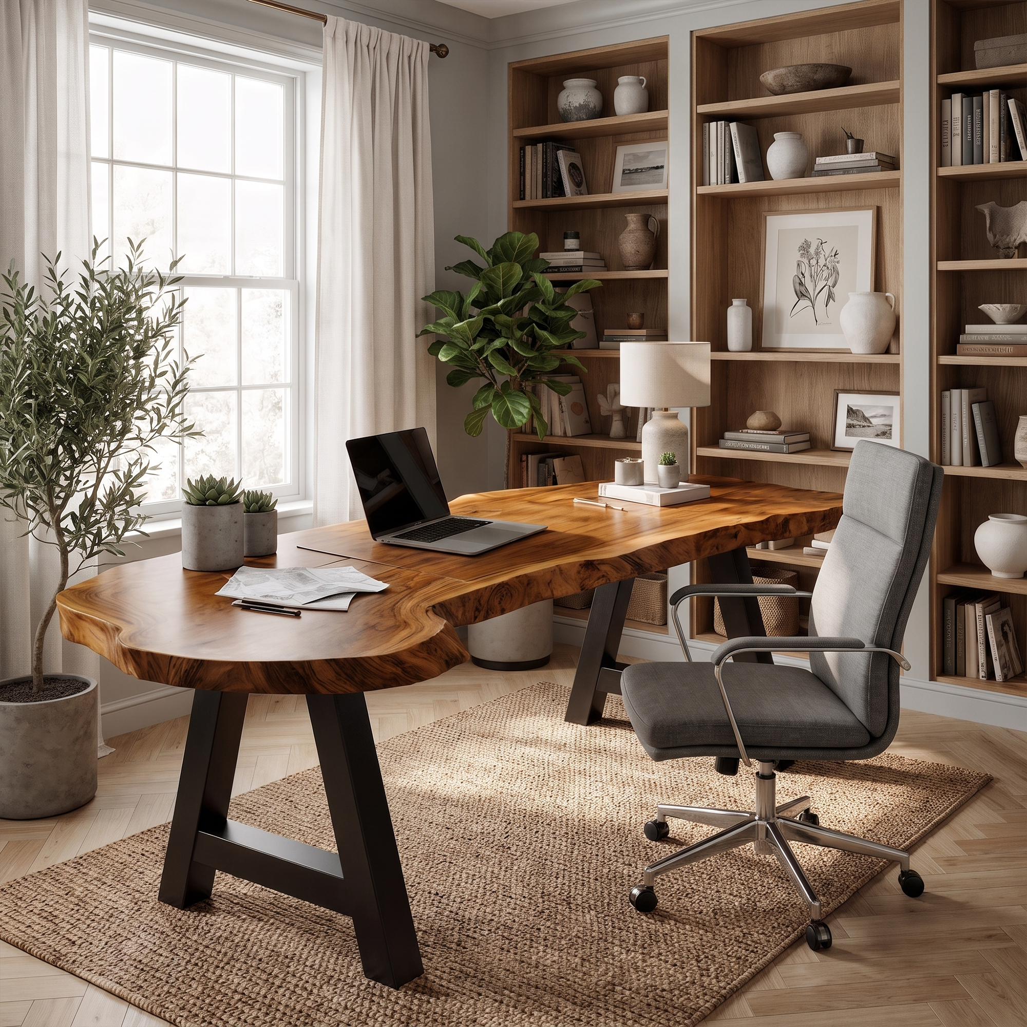 Rustic Writing Desk With Live Edge Wood Top And Metal Legs For Home Office SINLKIDK158