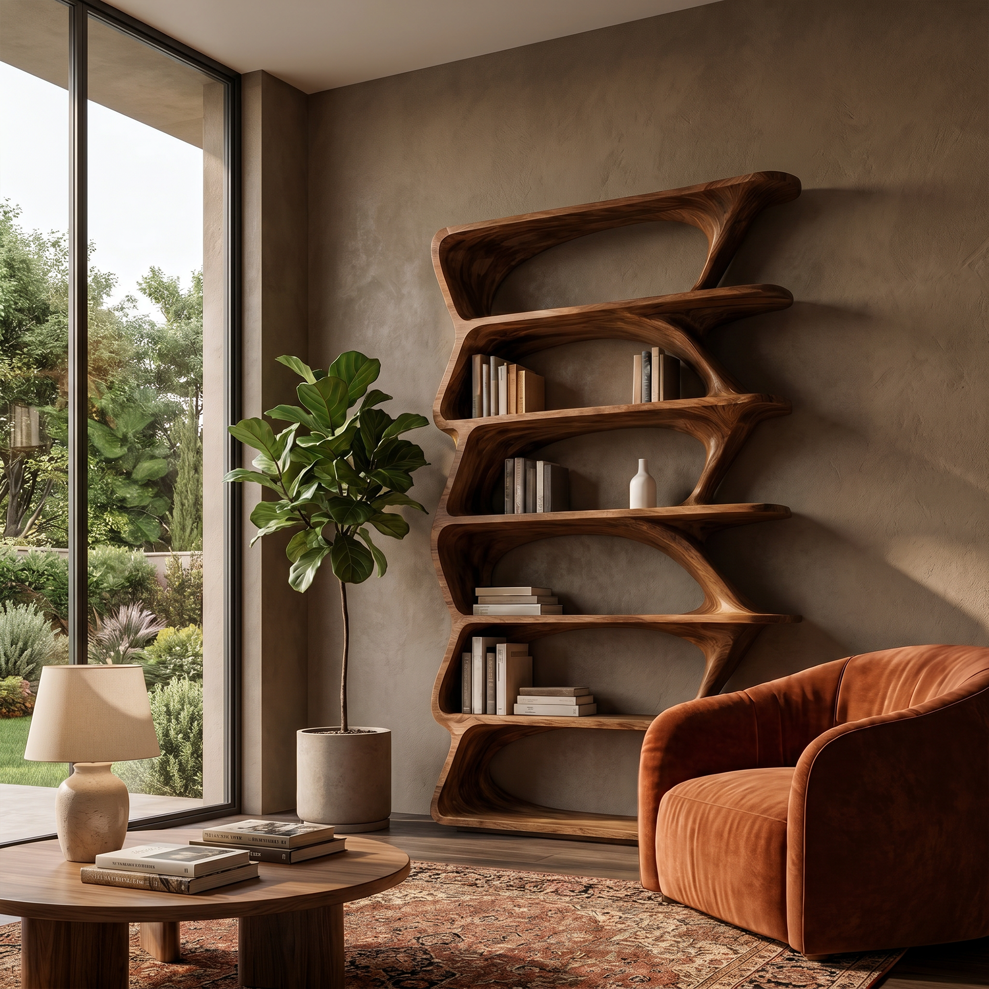 Modern Organic Bookshelf With Sculptural Asymmetrical Shelves And Solid Wood Frame For Living Room SINLKIBS038