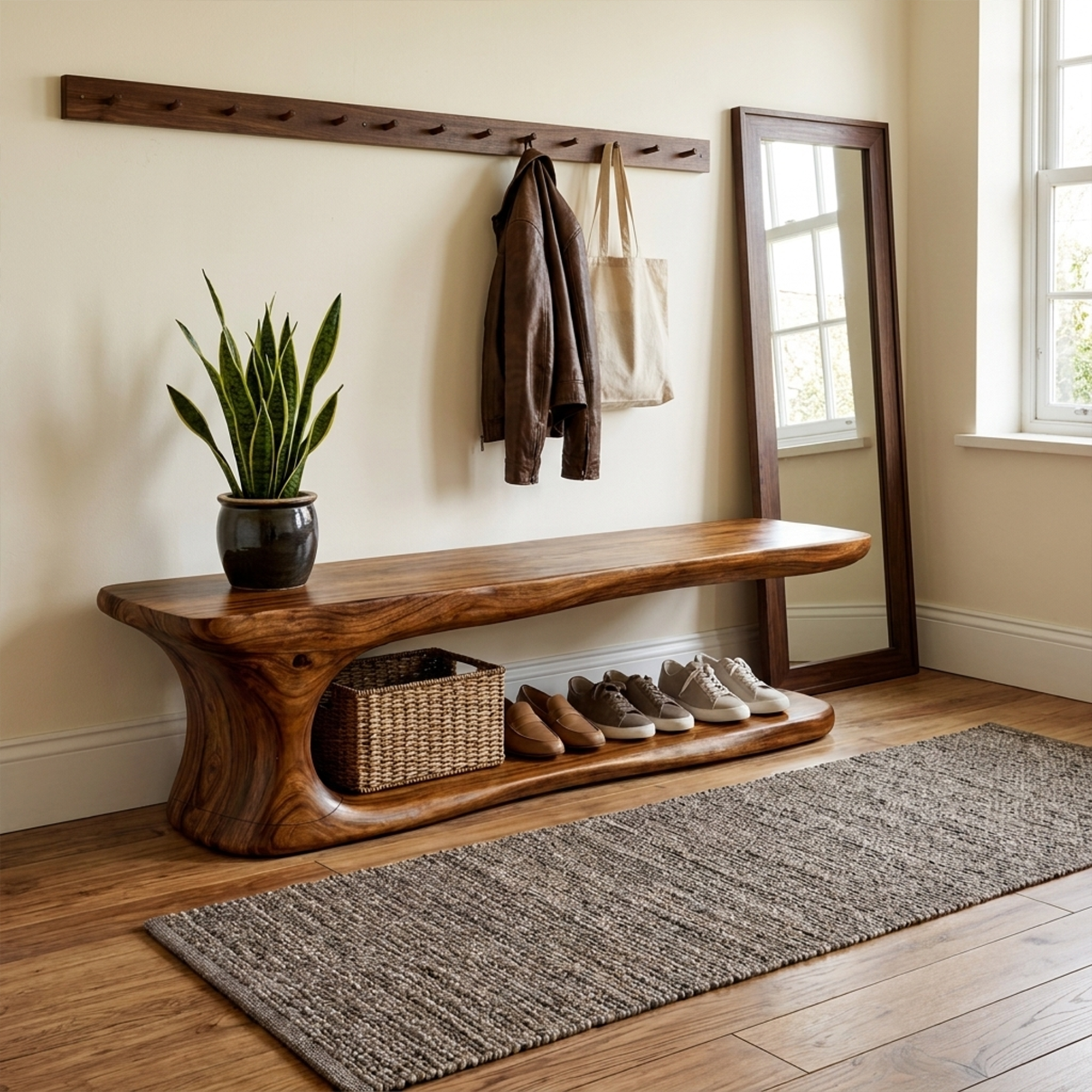 Rustic Natural Edge Wooden Shoe Bench Entry Hall SINLKISB054