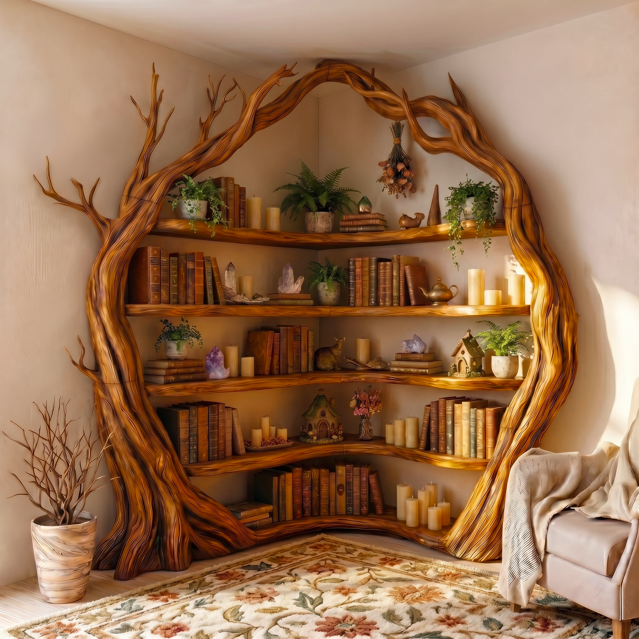 Statement Tree Corner Bookshelf For Living Room And Reading Nook SINLSATB733