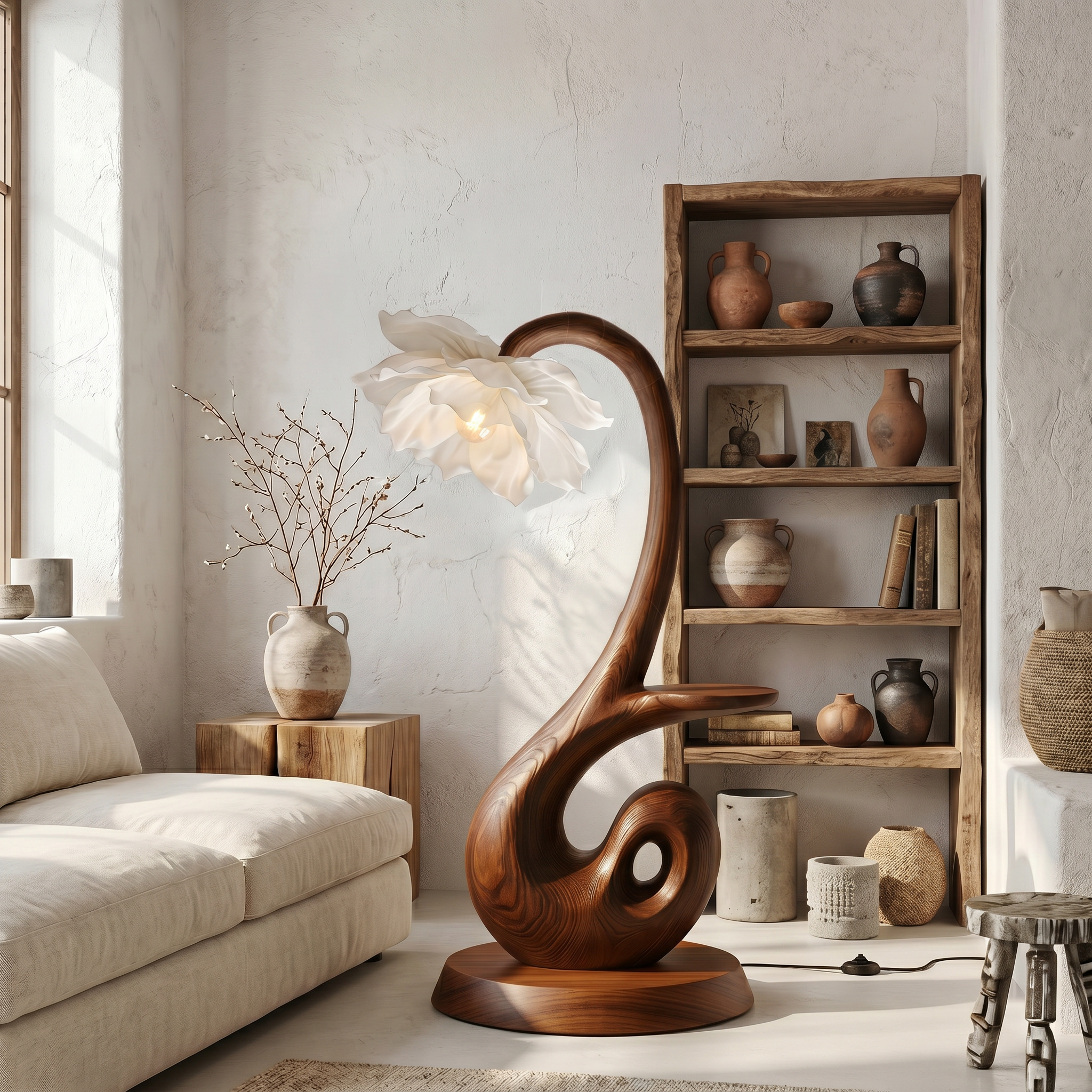Nature Inspired Floor Lamp With Blooming Flower Shade And Display Shelf For Reading Nook SINLSAFLP126