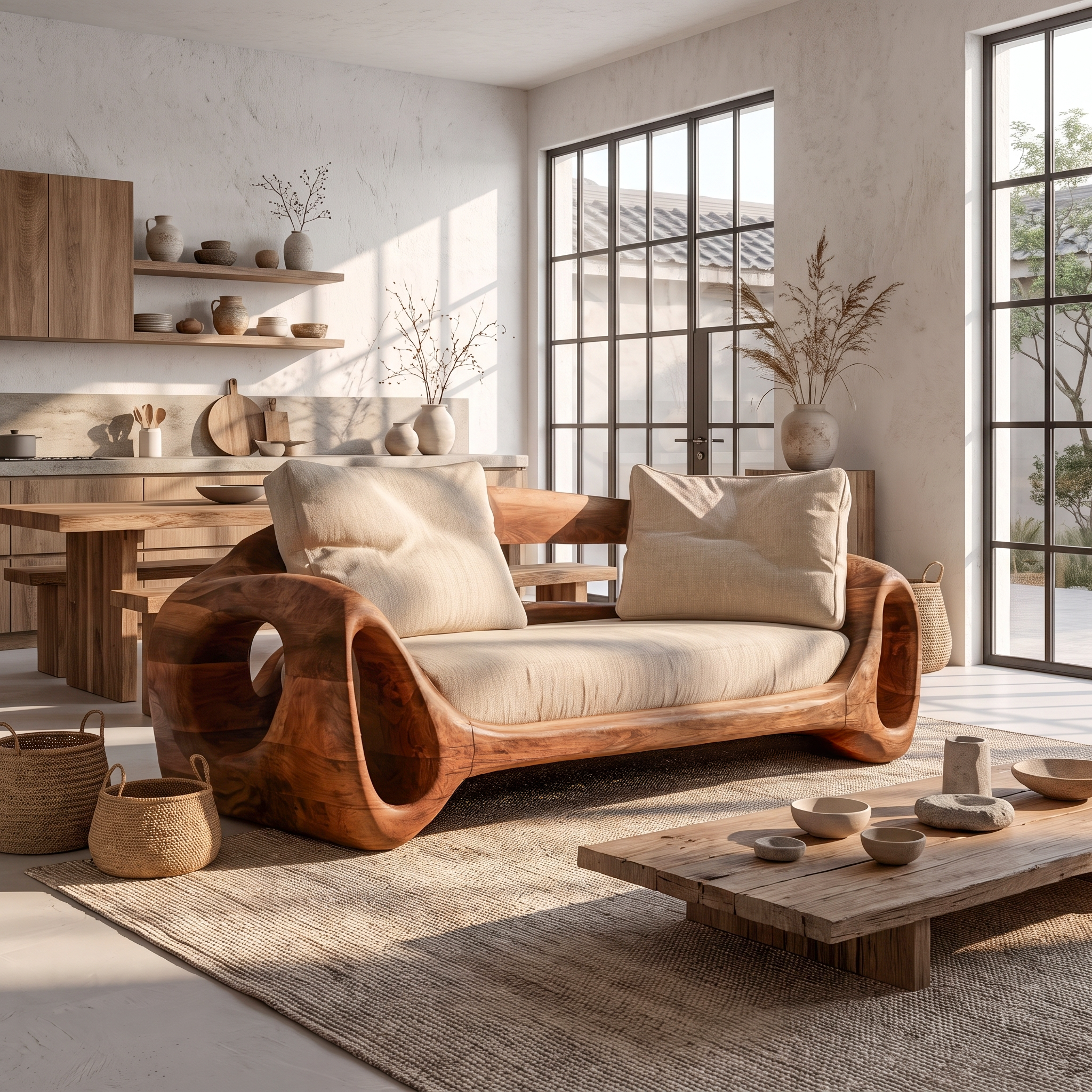 Organic Sofa Frame With Sculptural Circular Armrests For Living Room SINLSASF030