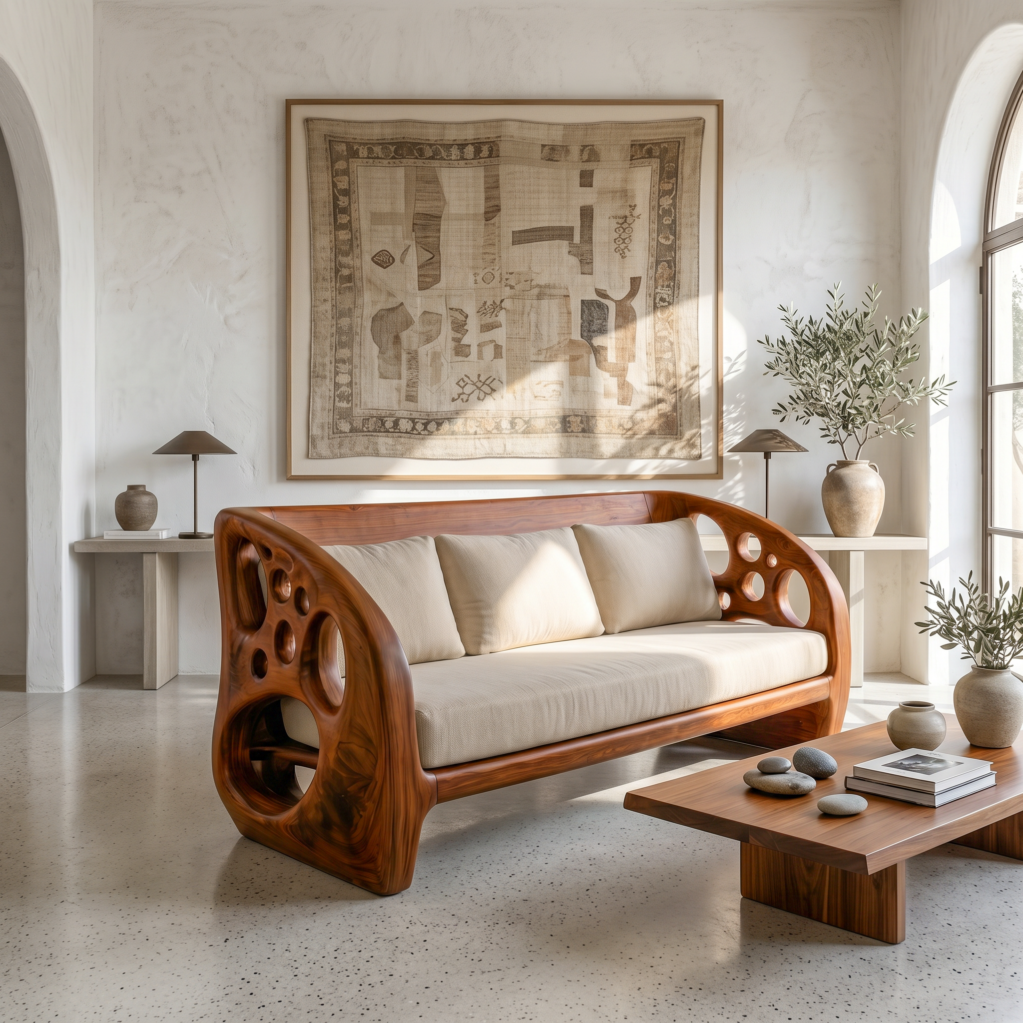 Modern Organic Sofa With Sculptural Perforated Wood Frame SINLSASF035