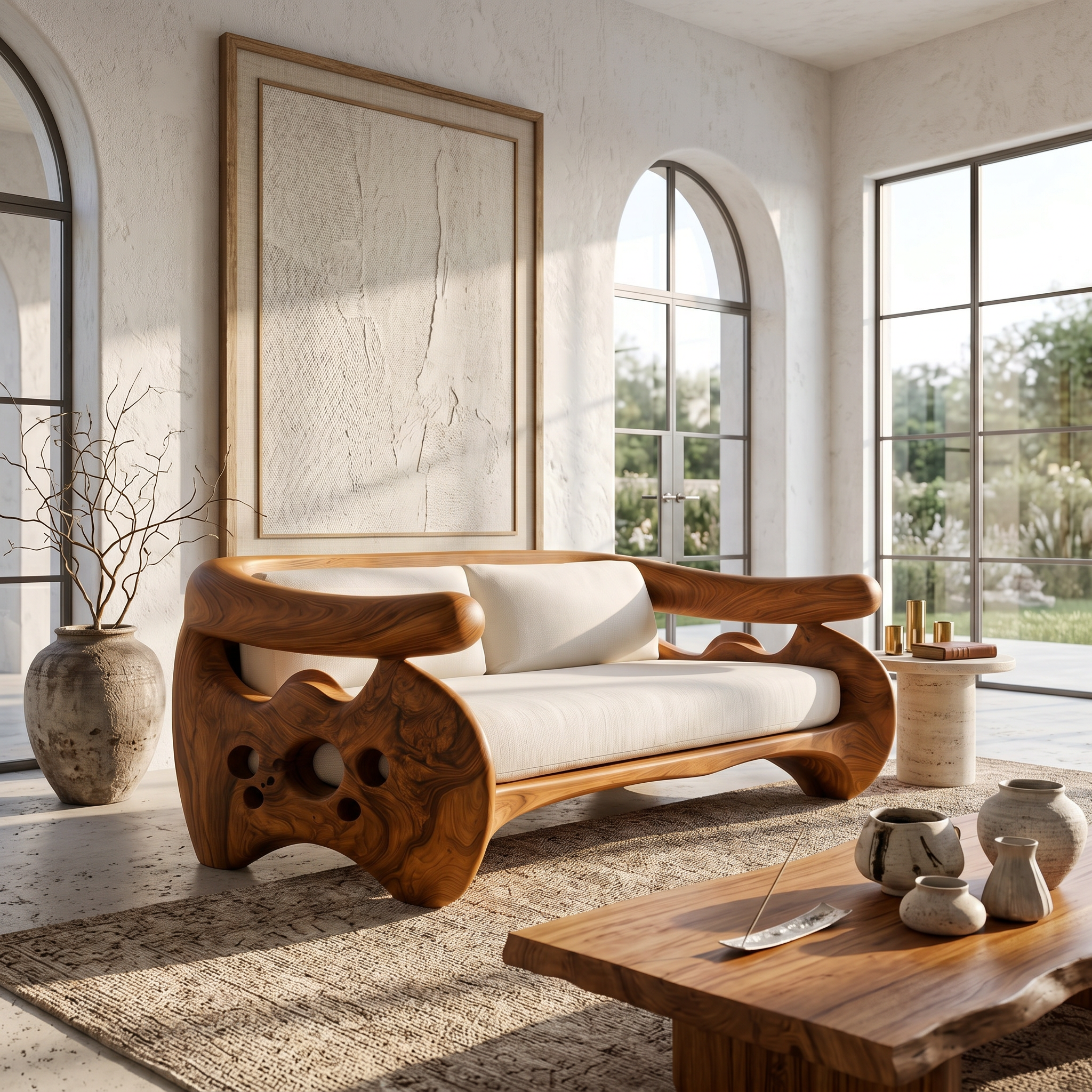 Organic Curved Sofa With Sculptural Wooden Base For Living Room SINLSASF038