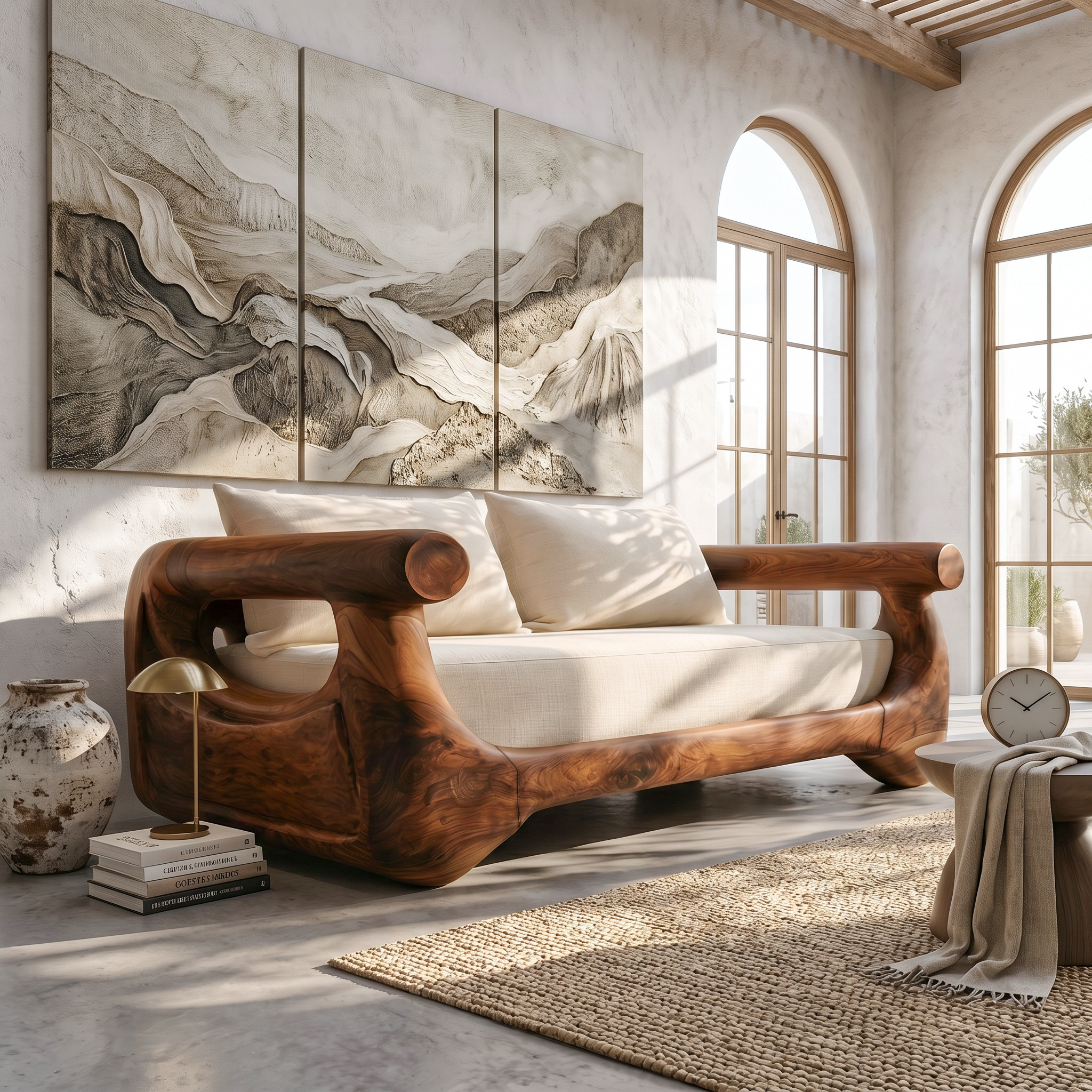 Modern Sofa With Sculptural Perforated Wood Frame For Living Room SINLSASF041