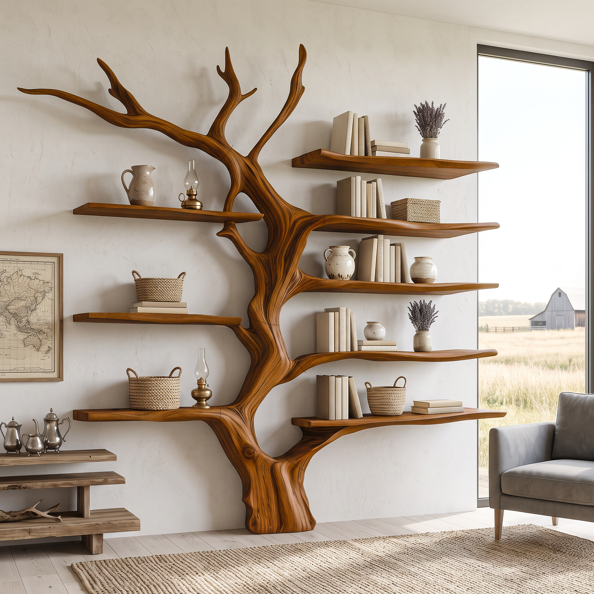 Sculptural Tree Bookcase Artistic Wooden Wall Shelf SINLSATB176