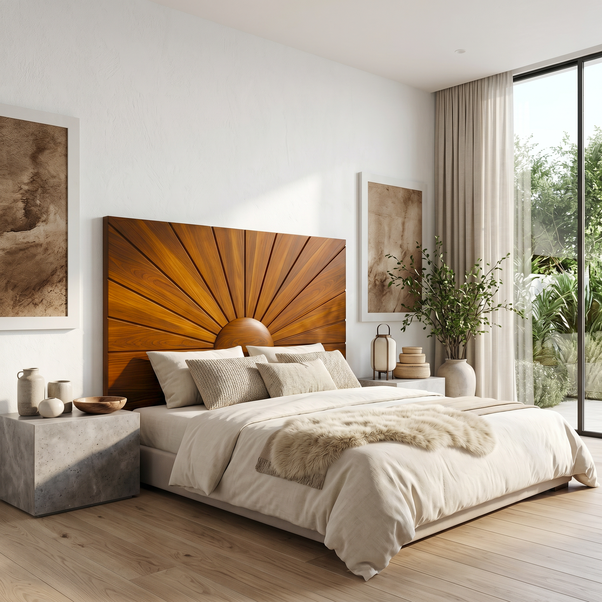 Organic Sunburst Headboard Solid Wood Bed Headboard For Bedroom SINLSAHB036