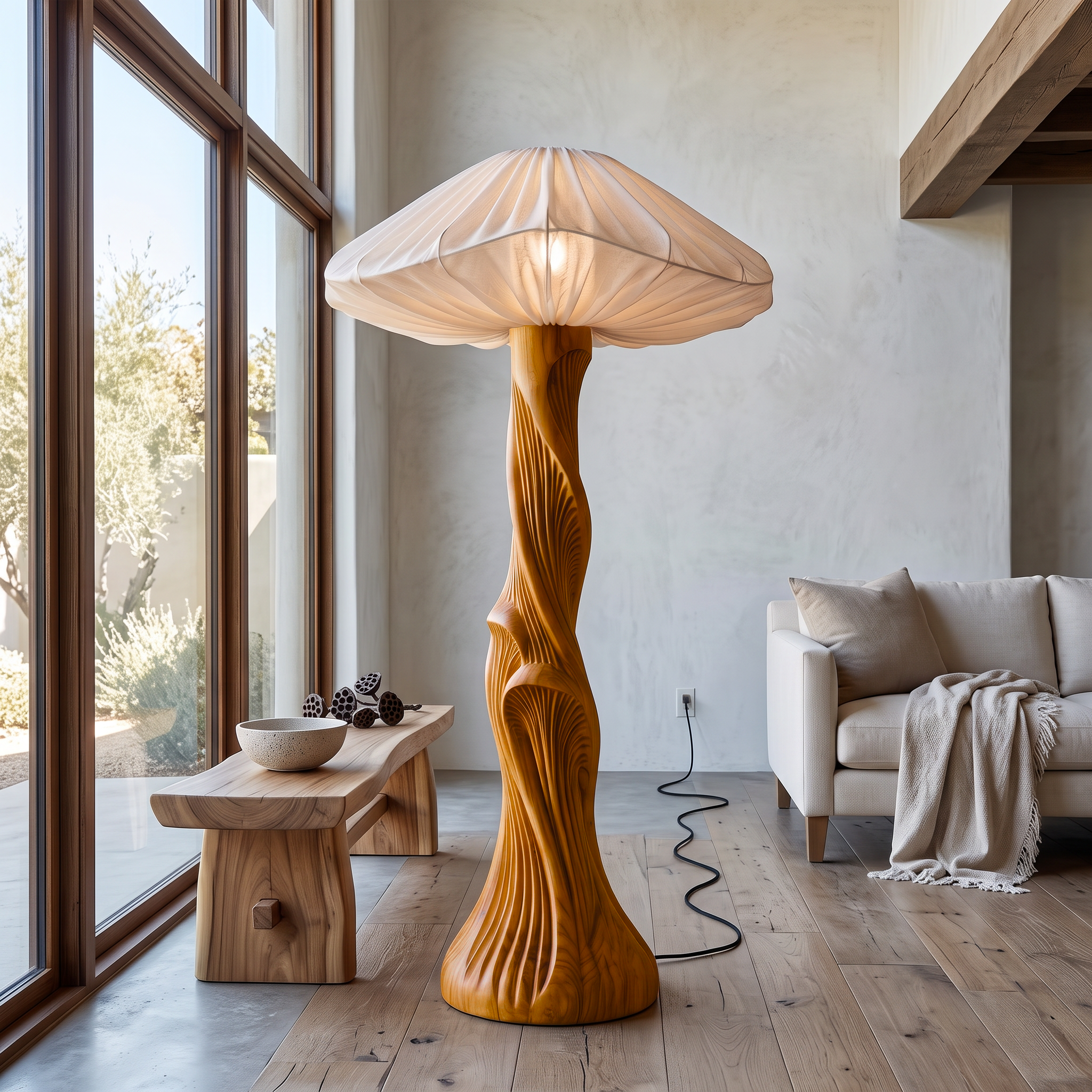 Contemporary Floor Lamp Carved Wood  Mushroom Shade Pedestal Lounge SINLSAFLP134