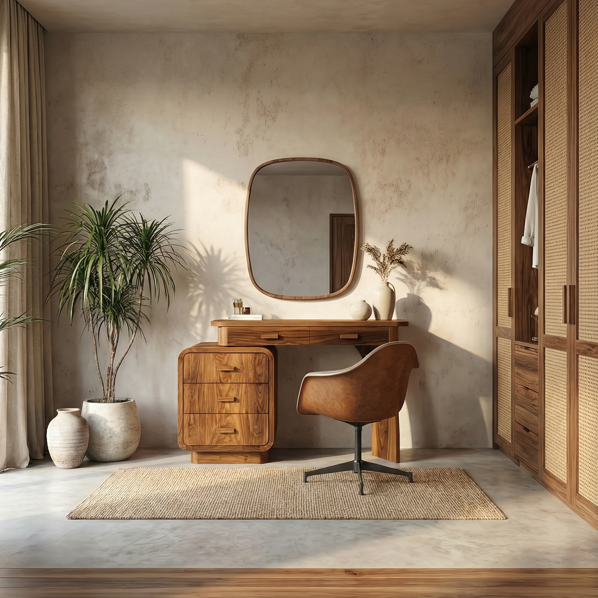 Minimalist Vanity Dressing Table With Storage Cabinet Curved Sculptural Design For Bedroom SINLSABDT054