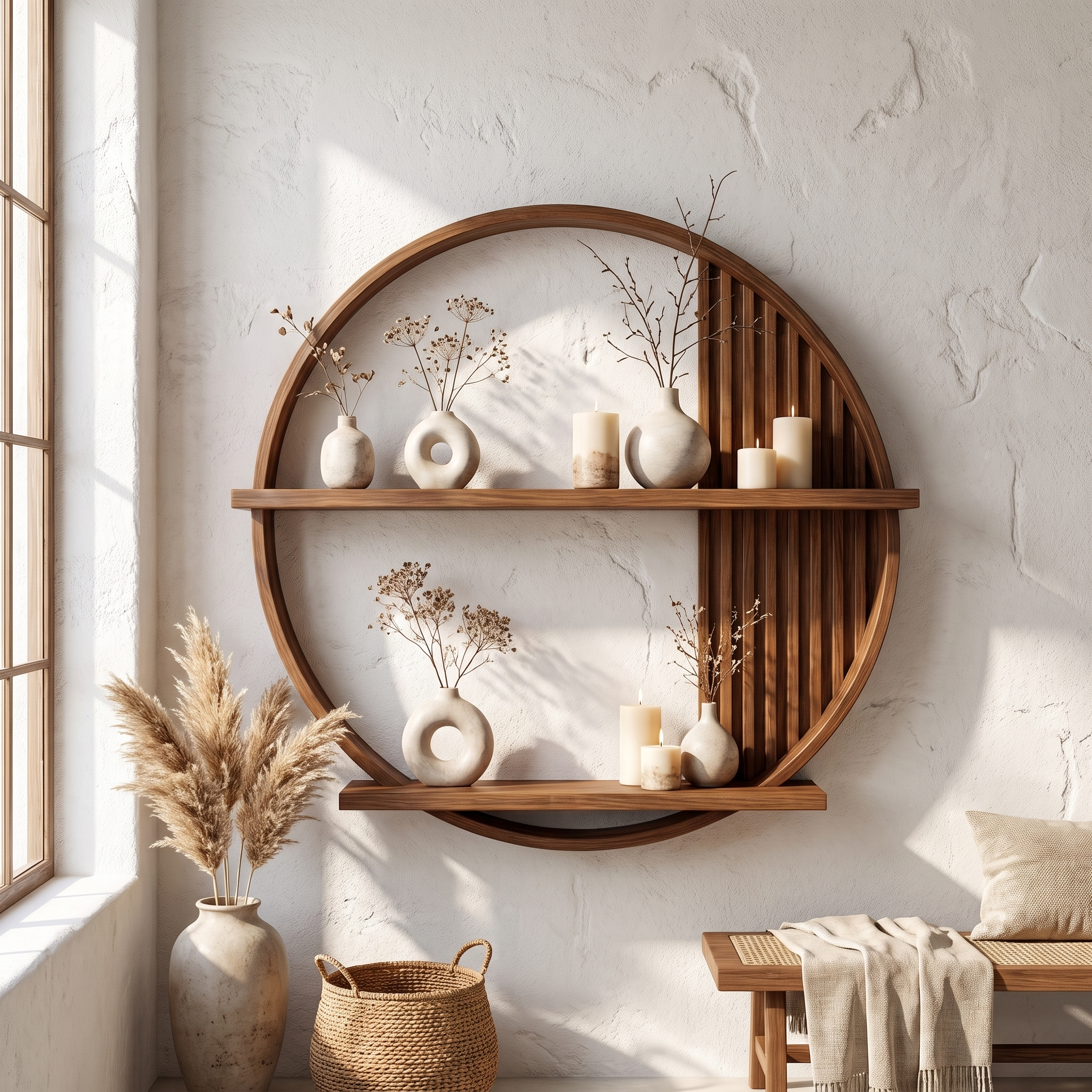 Contemporary Round Solid Wood Wall Shelf Living Room Decor SINLSAFL080