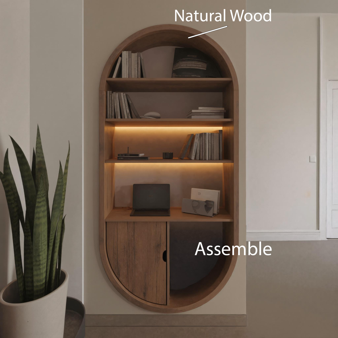 Arched Wooden Wall Bookshelf With Cabinet And Lighting For Living Room Or Office SITHHNBS014