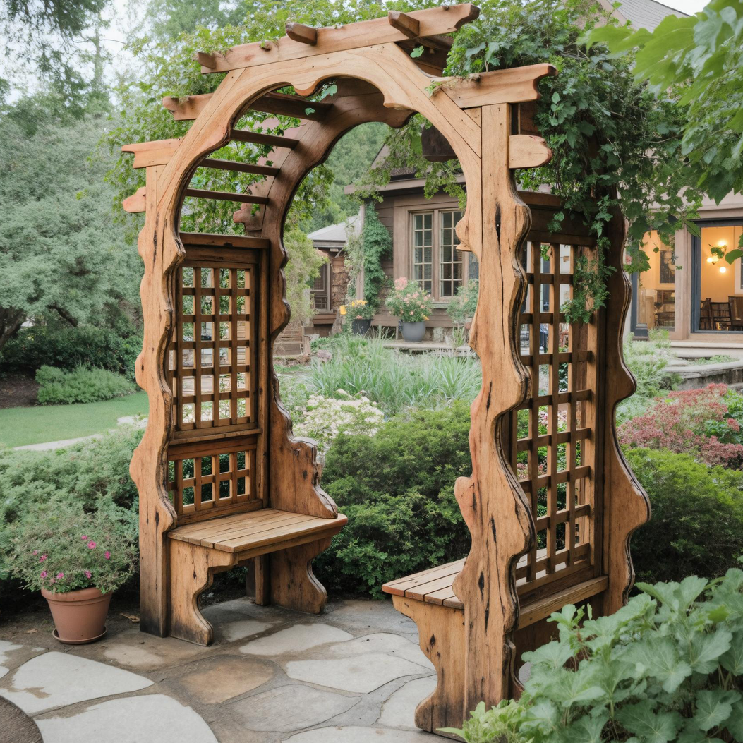 Rustic Wooden Garden Arbor With Built In Bench Seating For Patio Or Backyard SITHTTPER001