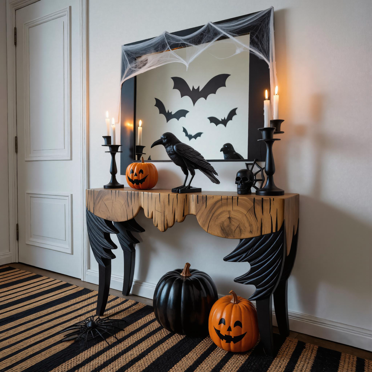 Gothic Wooden Halloween Console Table With Bat Wing Legs And Dripping Edge For Entryway SITHHNHW001