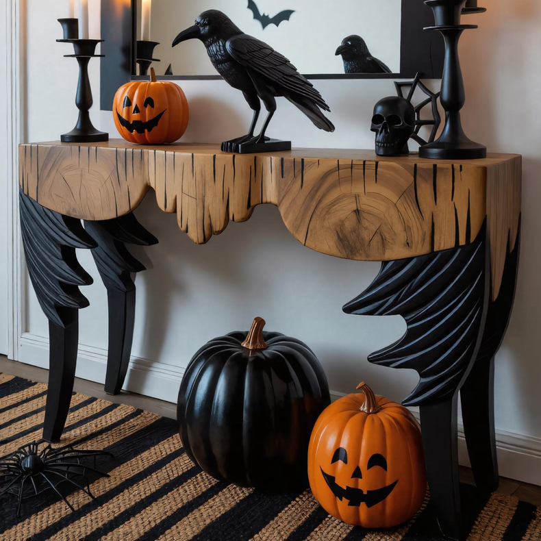 Gothic Wooden Halloween Console Table With Bat Wing Legs And Dripping Edge For Entryway SITHHNHW001