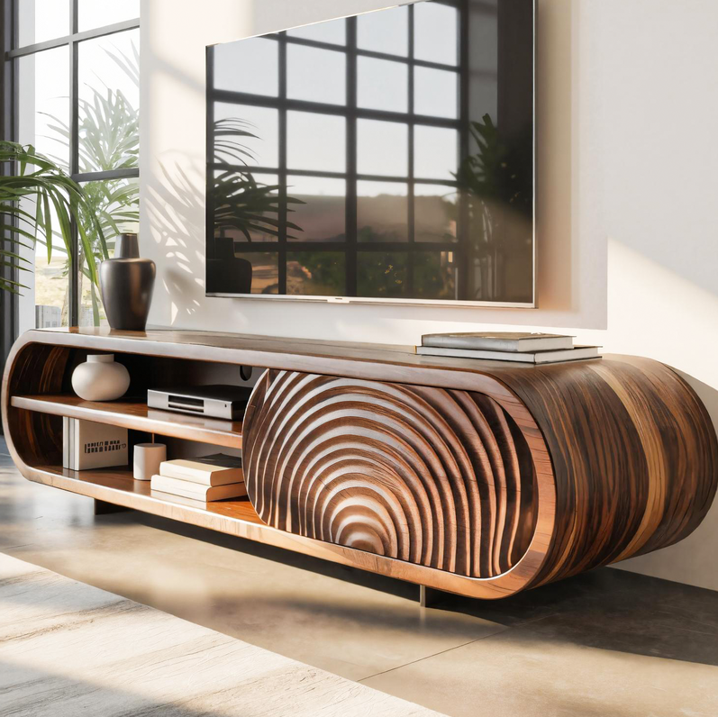 Modern Rounded Wood TV Stand With Sculpted Doors For Living Room SITHTTTVC009