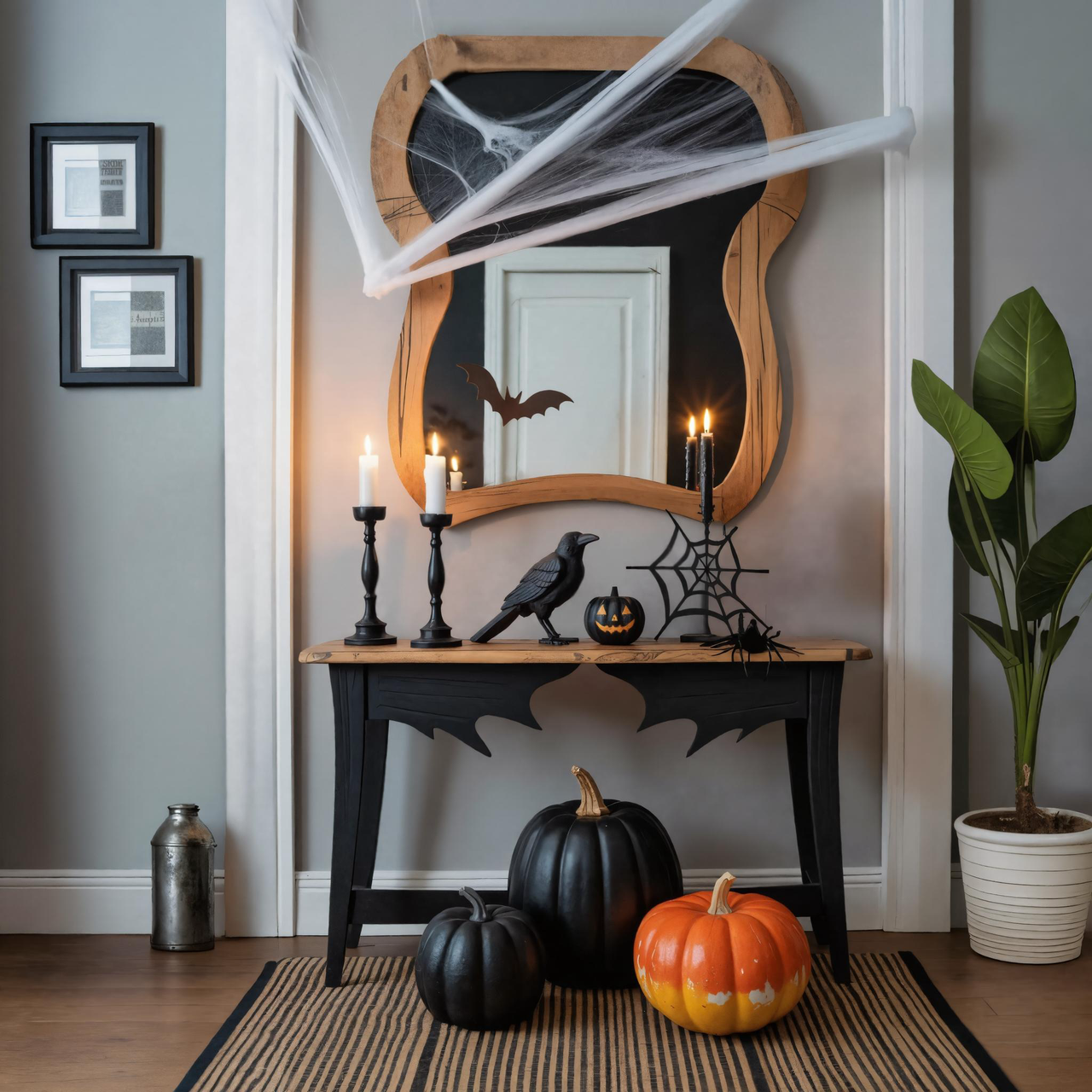 Halloween Wooden Console Table With Bat Wing Carving For Haunted House Decor SITHHNHW003