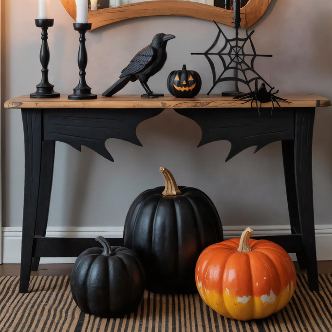 Halloween Wooden Console Table With Bat Wing Carving For Haunted House Decor SITHHNHW003