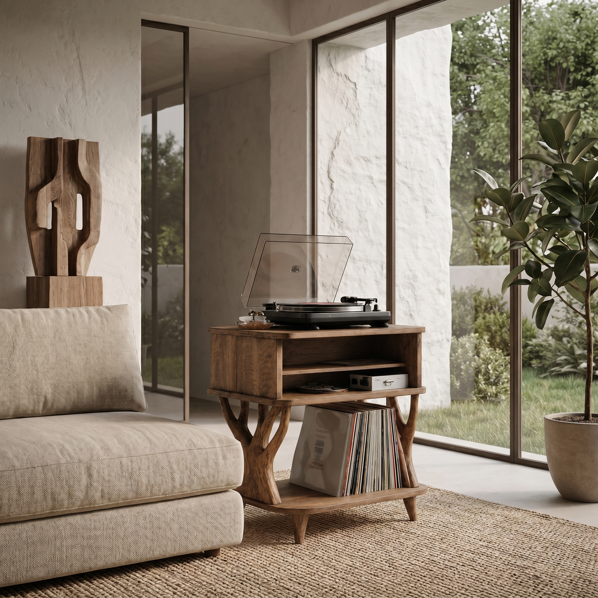 Organic Record Player Stand With Built In Drawer Storage And Vinyl Shelf For Living Room SINLHARPS008