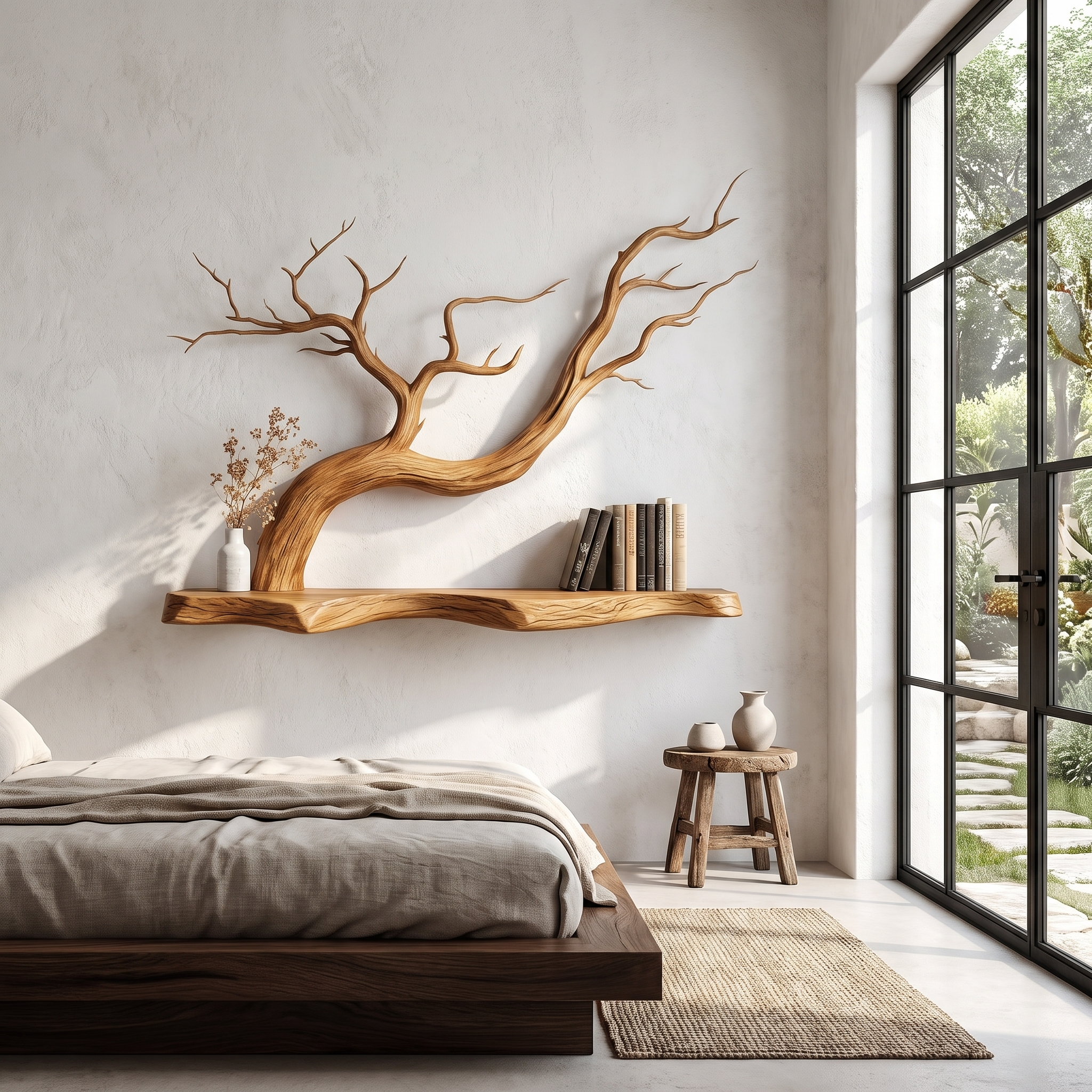 Handcrafted Floating Shelf With Sculptural Tree Branch Form For Living Room SINLHAFL562