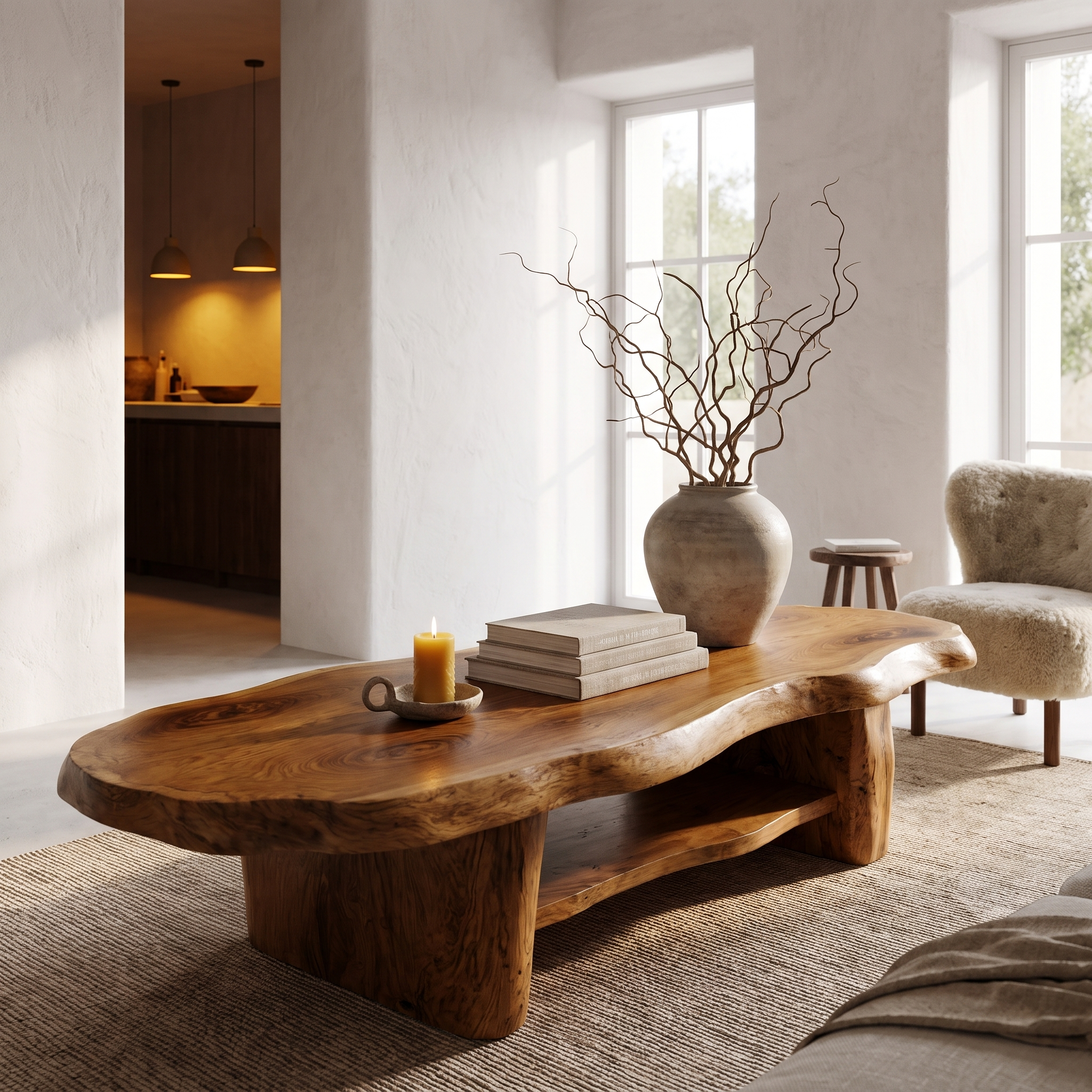 Nature Inspired Coffee Table With Sculptural Wood Base For Living Room SINLHACF411