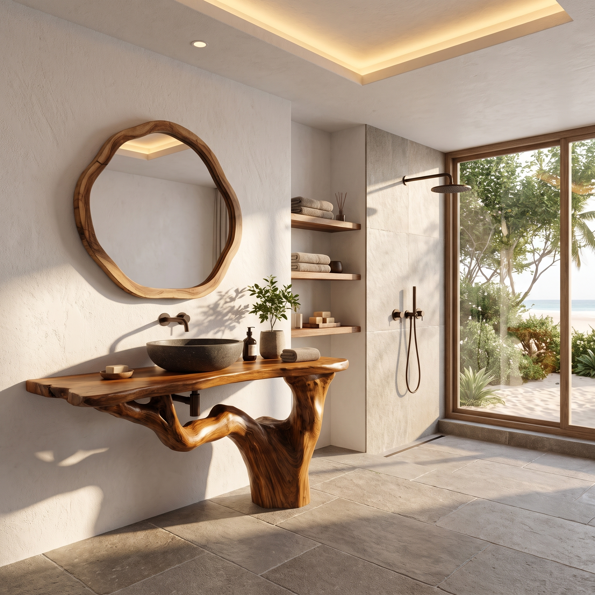 Handcrafted Bathroom Vanity With Tree Trunk Design For Powder Room SINLHABRV318