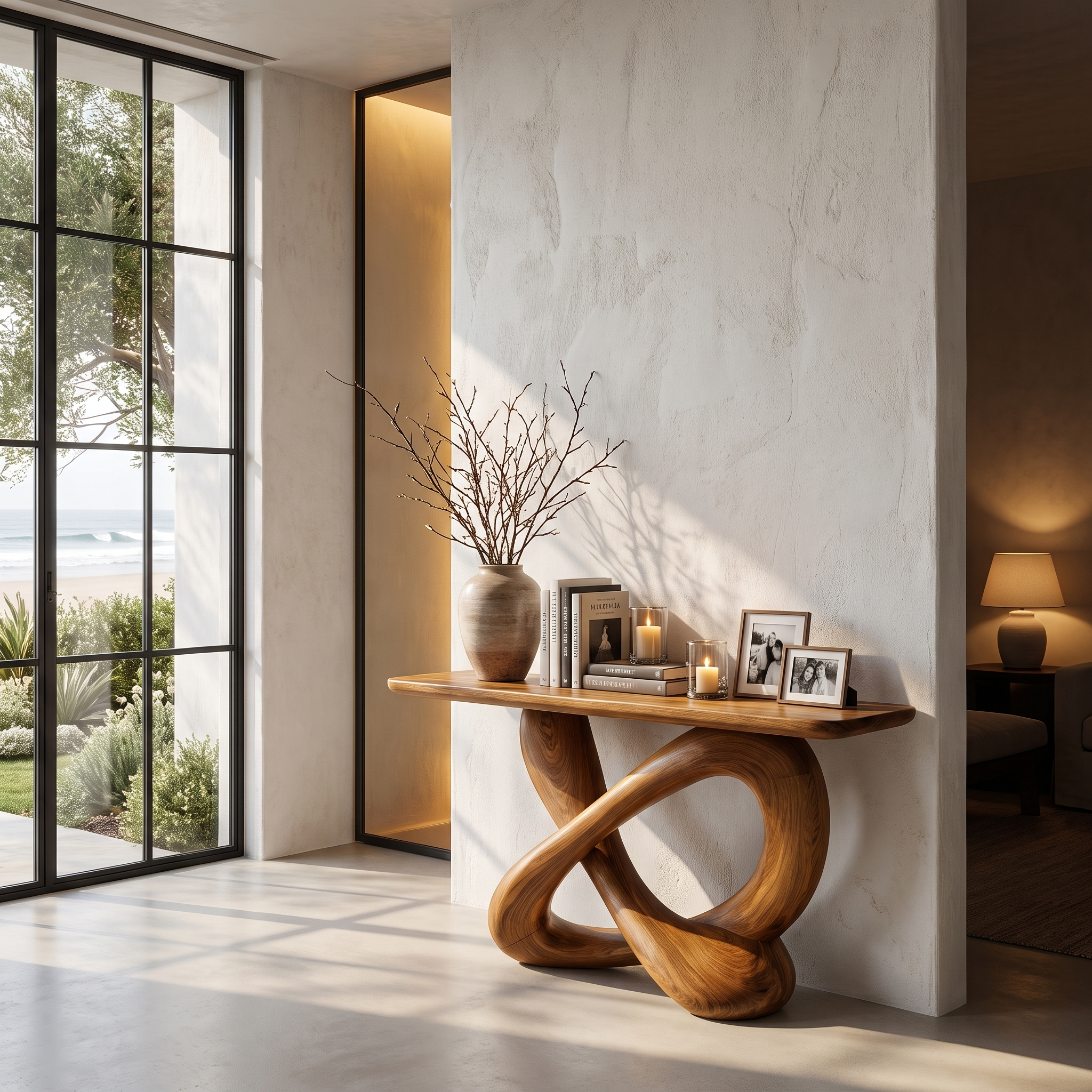 Modern Console Table With Twisted Ribbon Wood Base For Entryway SINLHACS670