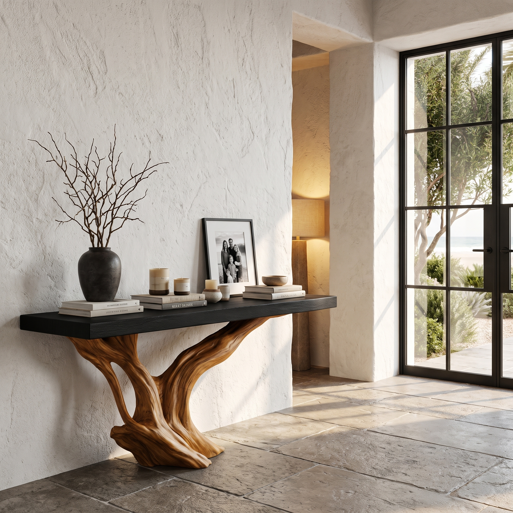 Organic Wall Mounted Console Table With Sculptural Wood Base For Hallway SINLHACS671