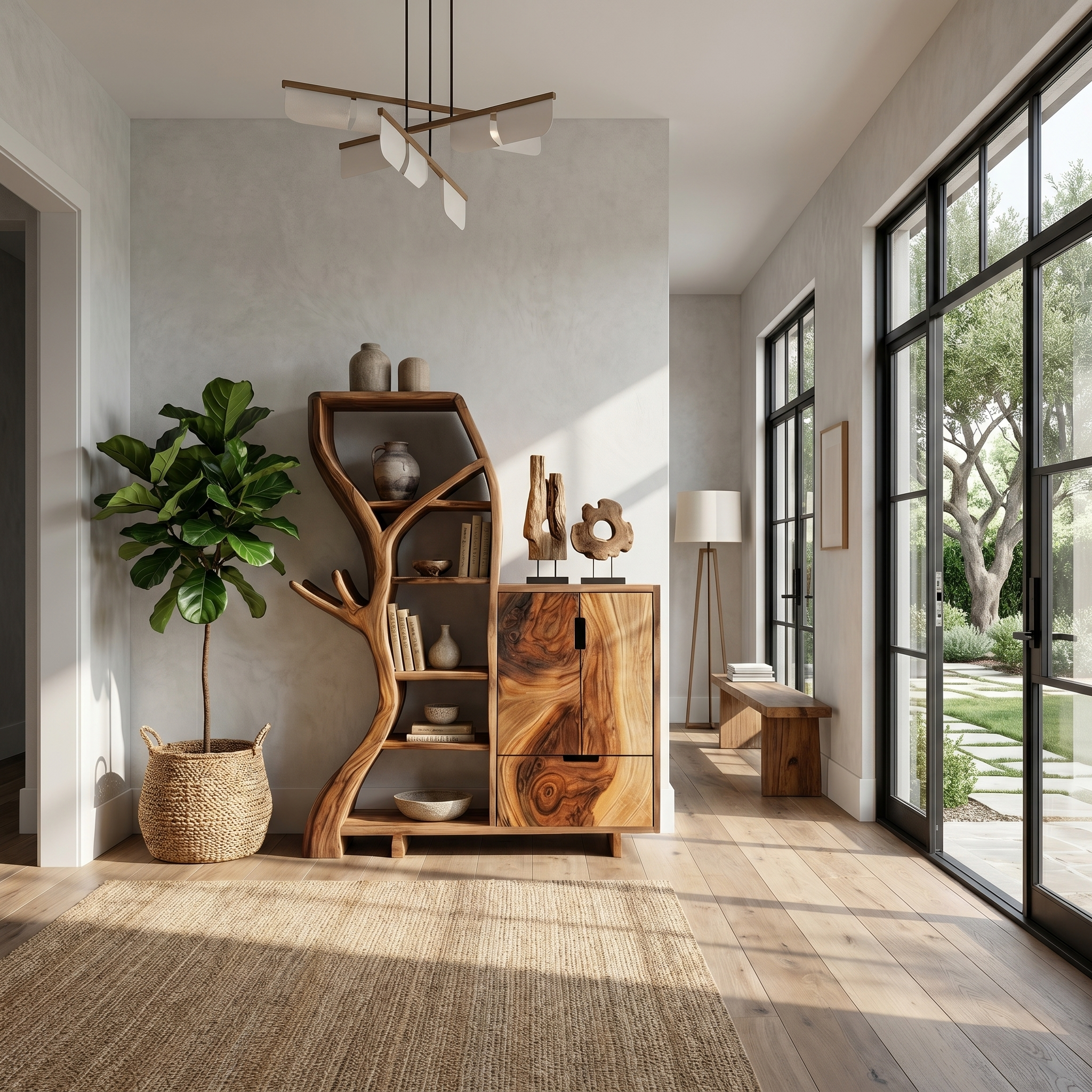 Rustic Storage Cabinet With Tree Bookshelf And Display Shelves For Entryway SINLHASC536