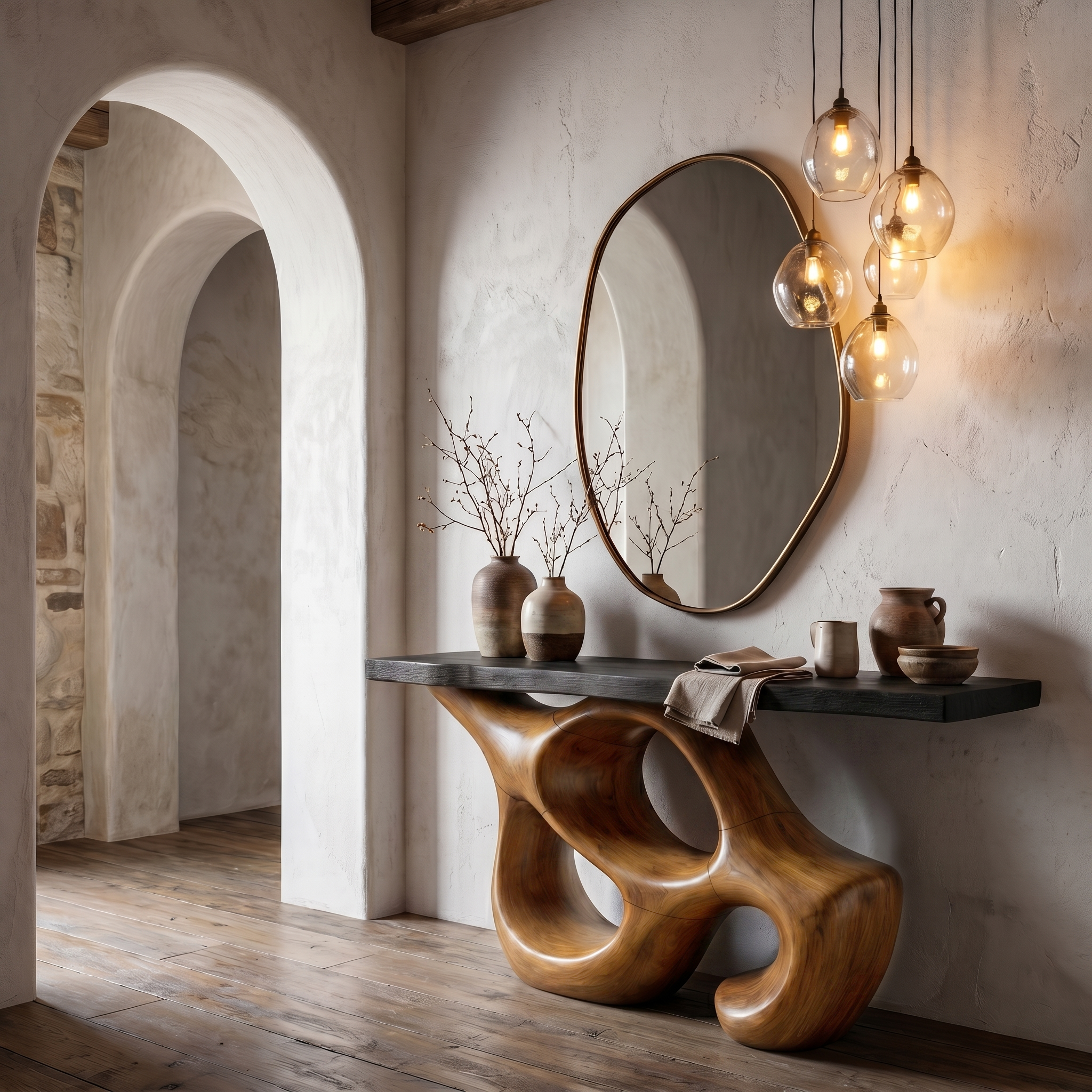 Artistic Sculptural Console Table With Abstract Hollow Wood Base For Living Room SINLHACS579