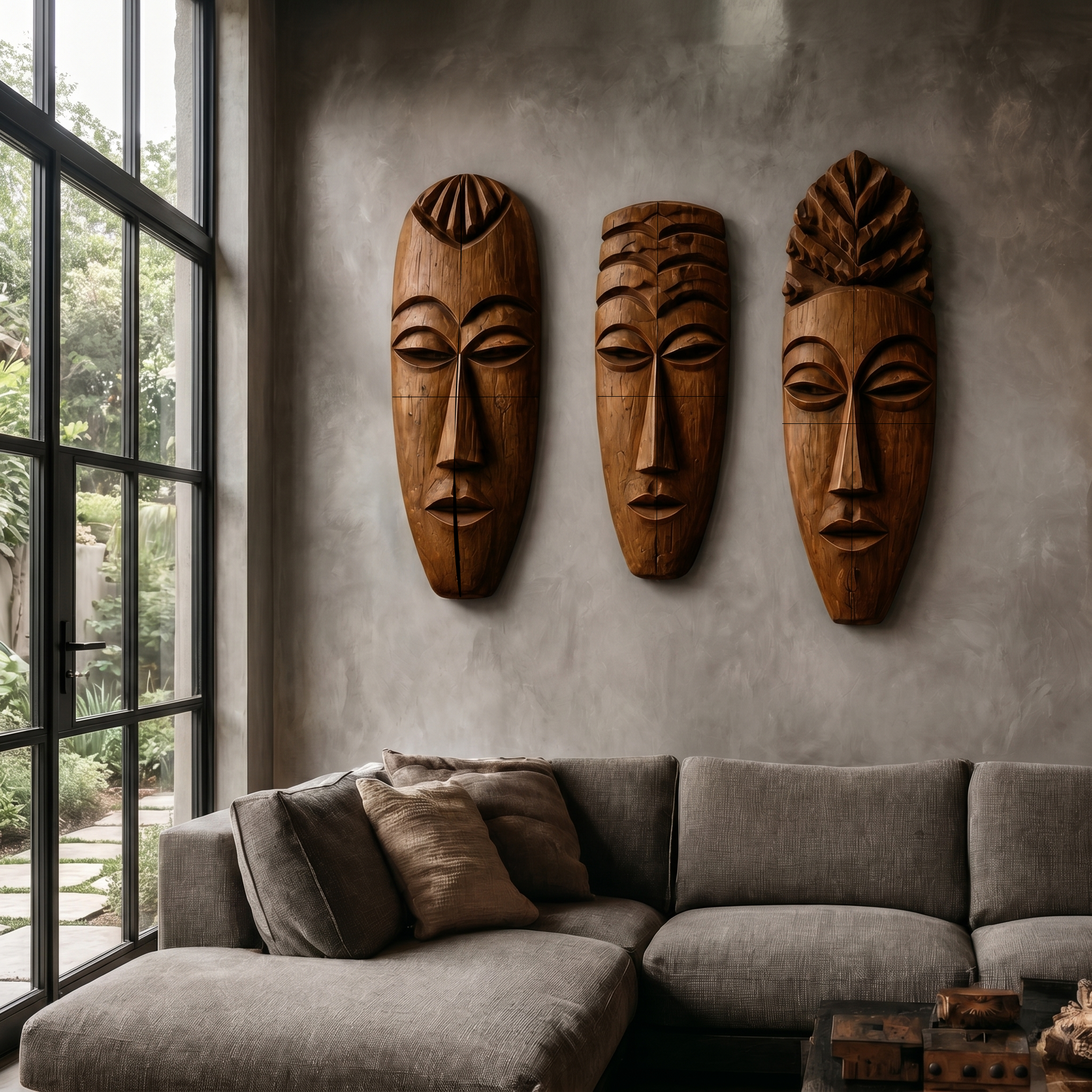 Tribal Wooden Wall Art Set With Hand Carved African Mask Design For Living Room And Entryway SINLHAWD100