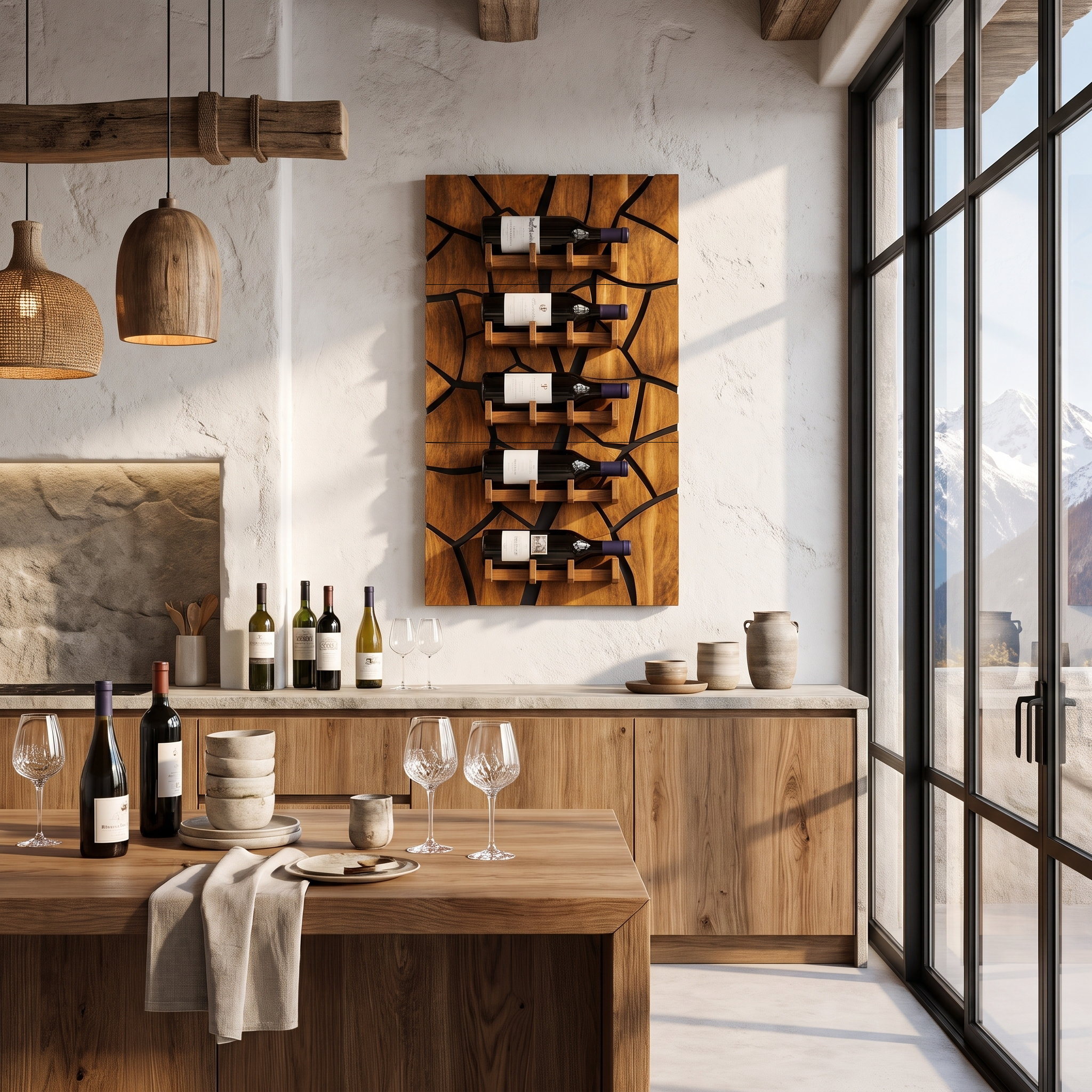 Rustic Wall Mounted Wine Holder With Geometric Bottle Display For Dining Room SINLHAWH046