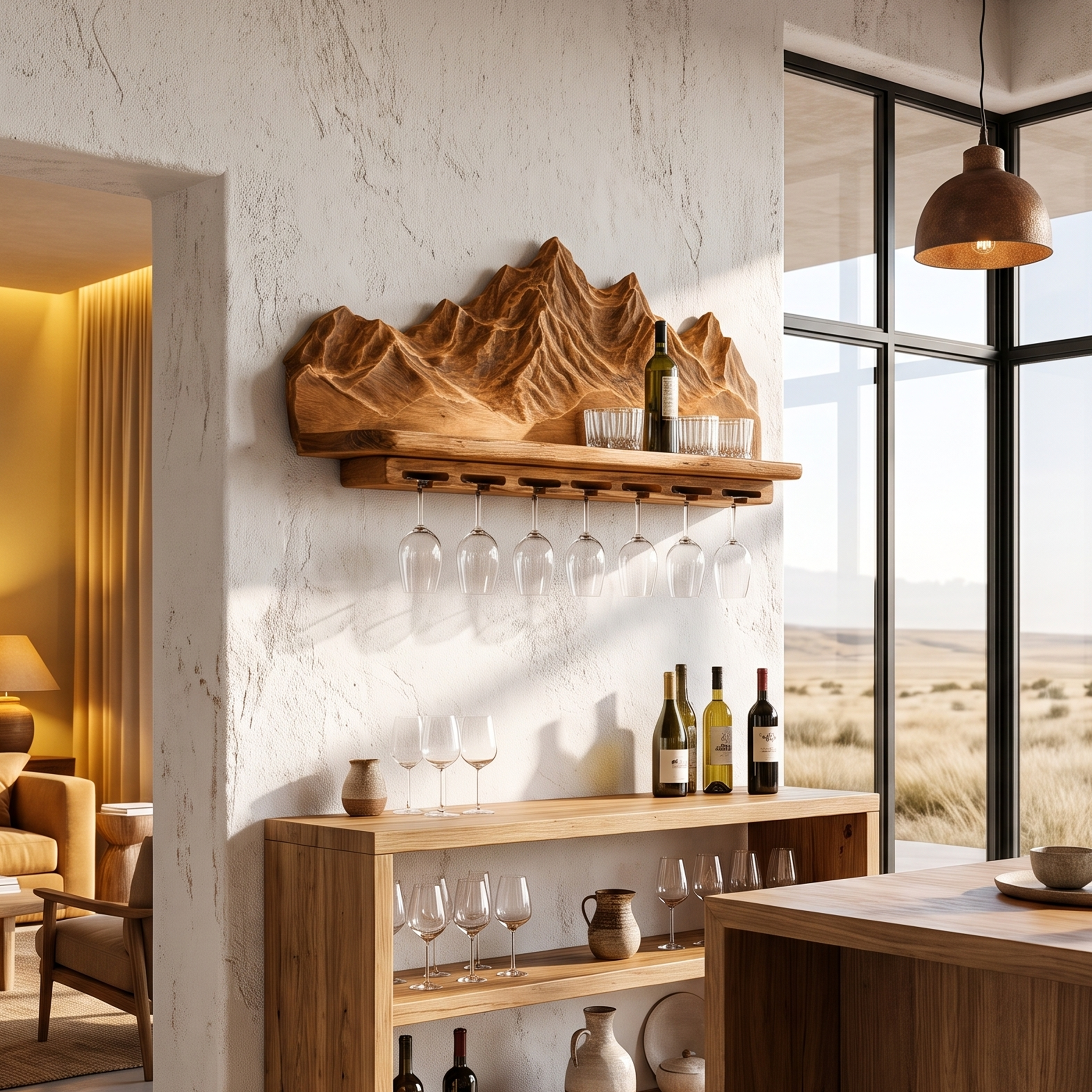 Nature Inspired Wall Wine Holder With Mountain Shelf For Home Bar SINLHAWH045