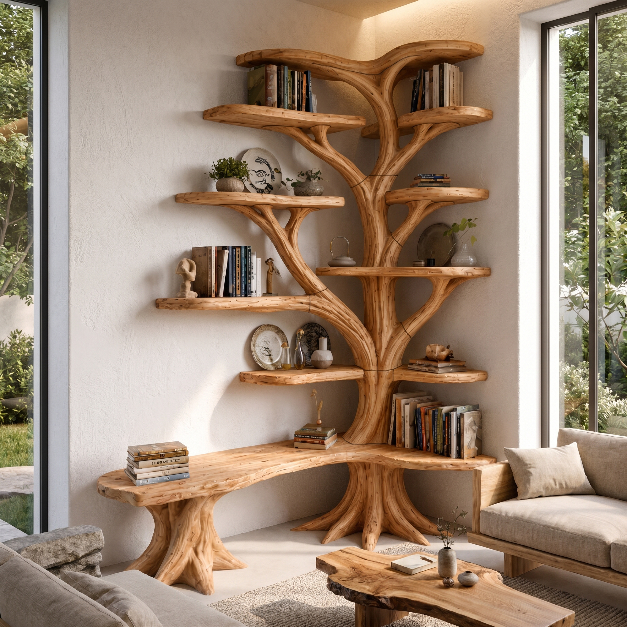 Organic Tree Bookshelf With Sculptural Branch Design And Multi Tier Display Shelves For Living Room SINLHATB751