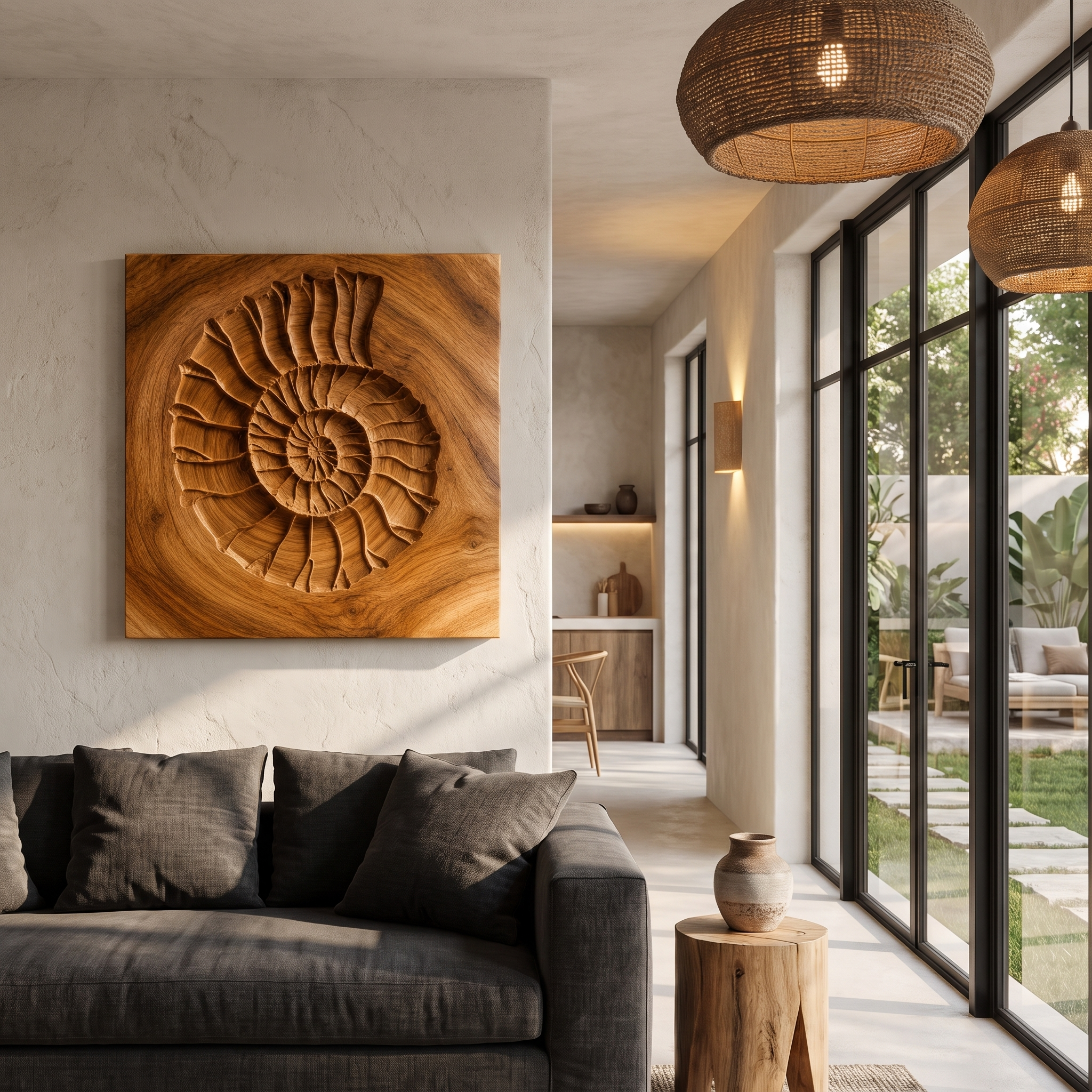 Rustic Ammonite Fossil Wooden Wall Decor For Living Room SINLHAWA136
