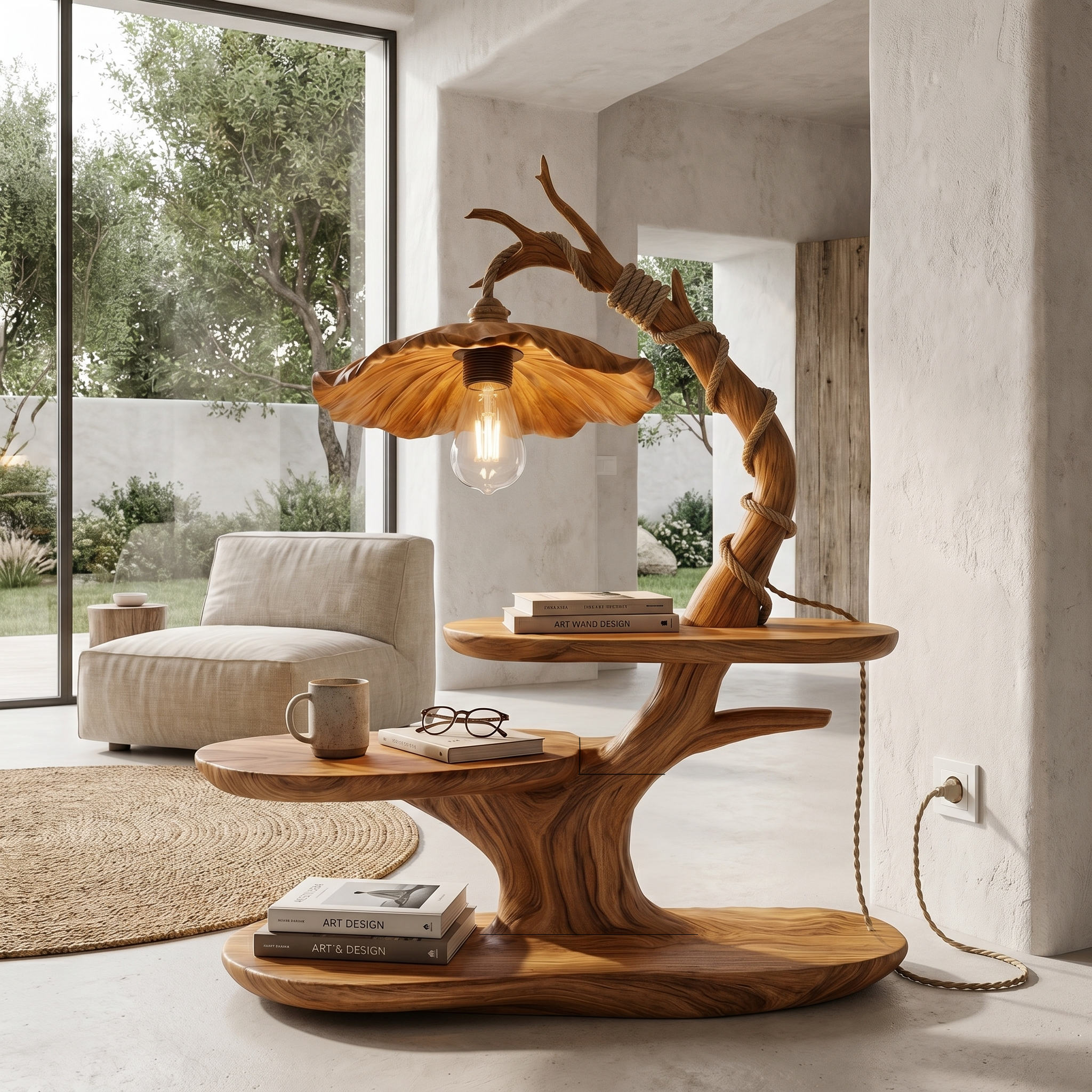 Sculptural Beside Table With Tree Branch Lamp And Open Storage Shelves For Bedroom SINLHABT265