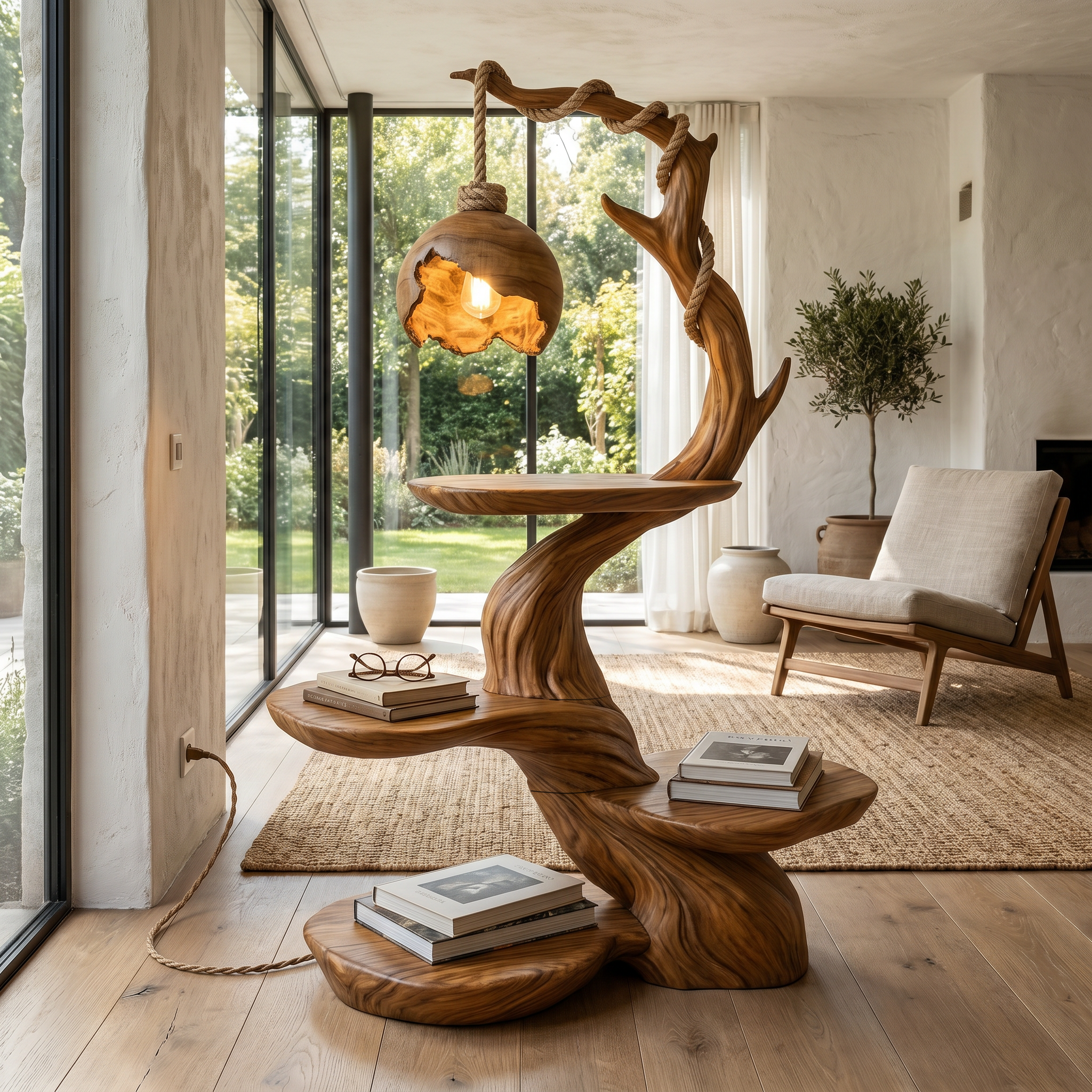 Nature Inspired Beside Table With Sculptural Tree Form And Ambient Lamp For Bedroom SINLHABT266