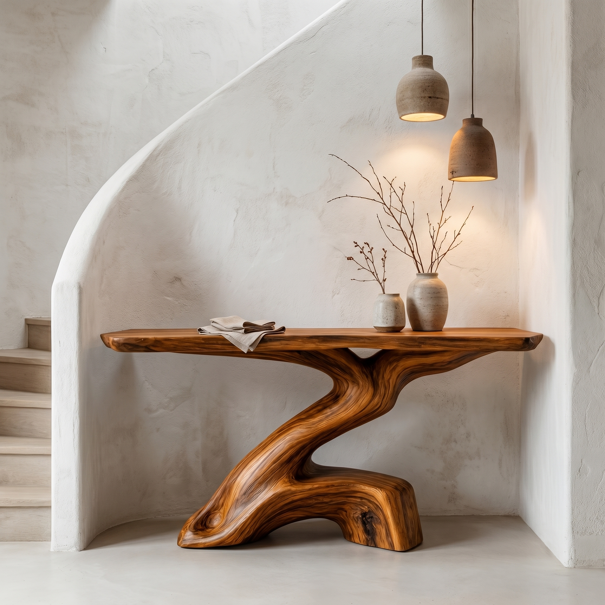 Rustic Console Table With Sculptural Tree Root Base And Solid Wood Top For Entryway And Living Room SINLHACS590
