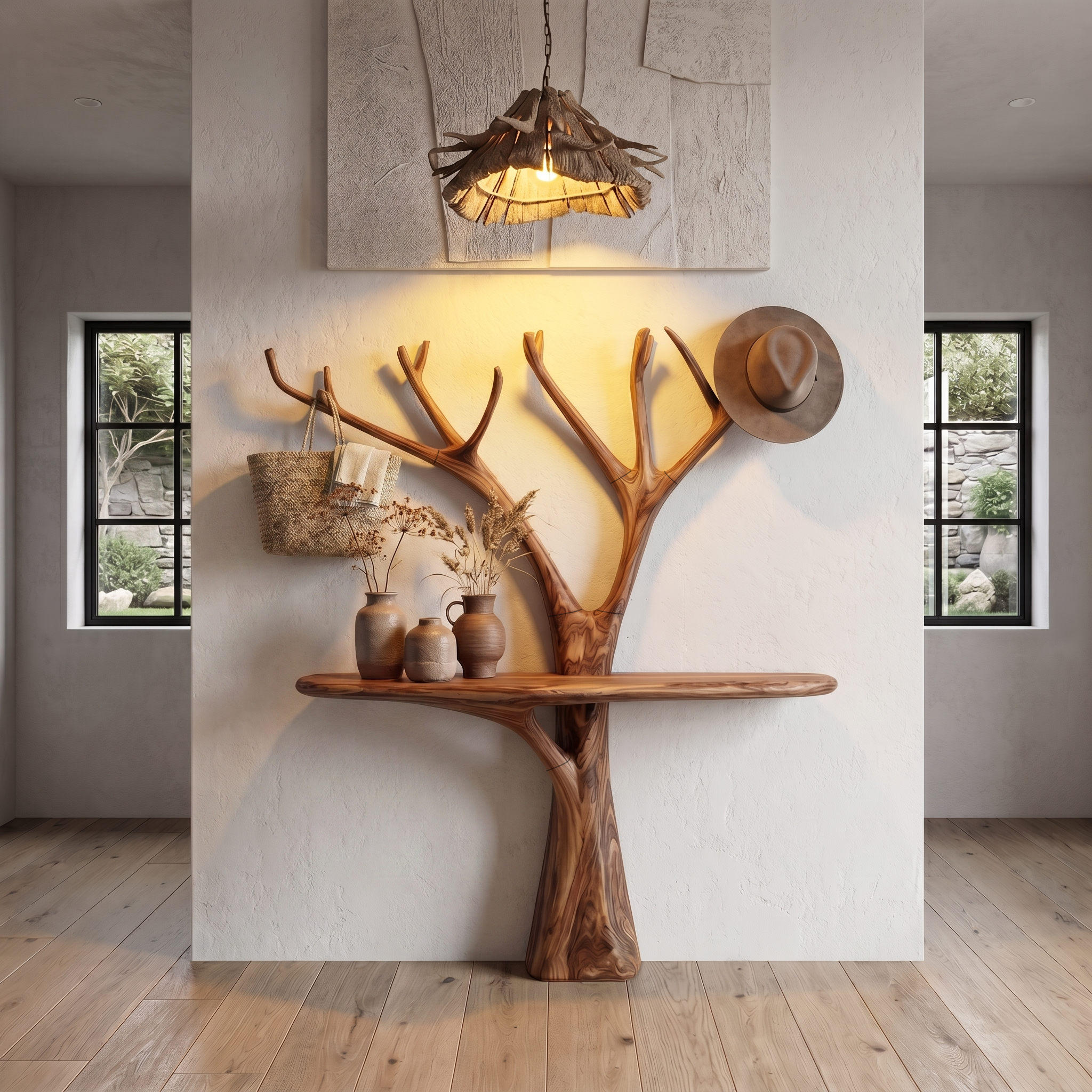 Rustic Organic Console Table With Tree Branch Wood Base For Living Room SINLHACS602