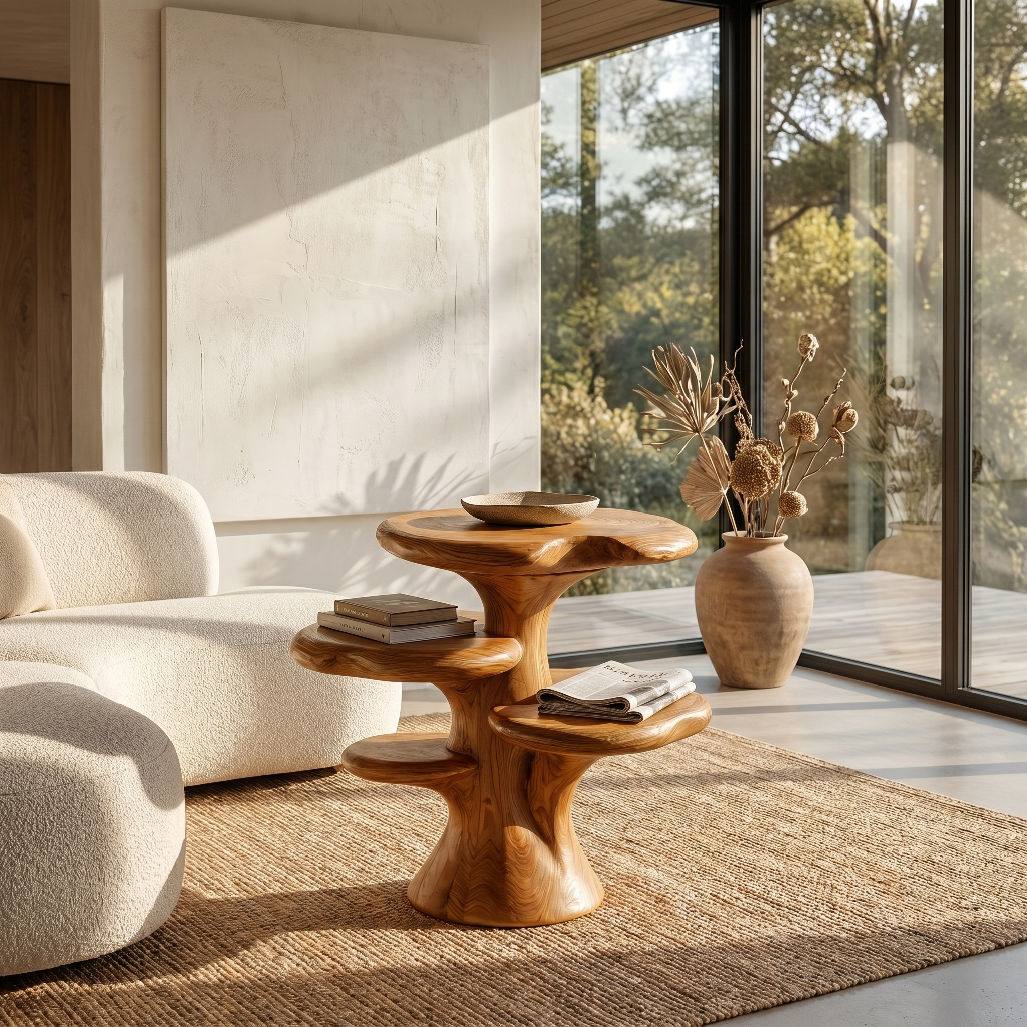 Organic Sculptural Beside Table With Tiered Solid Wood Shelves For Living Room SINLHABT262