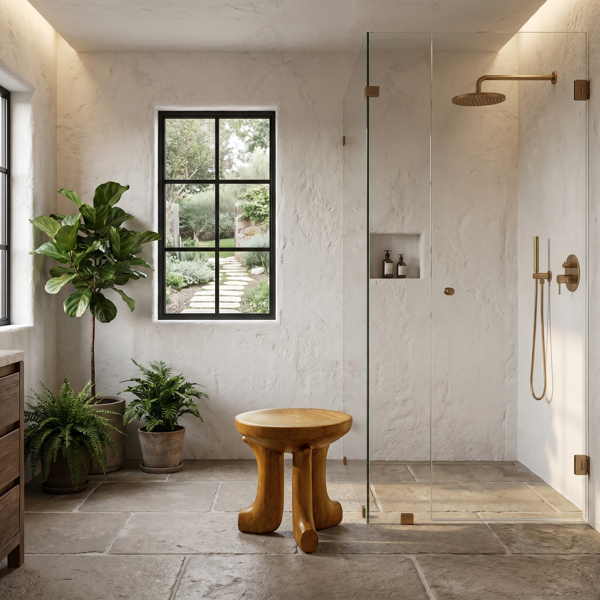 Rustic Bath Stool With Chunky Solid Wood Legs For Bathroom SINLHAWS013