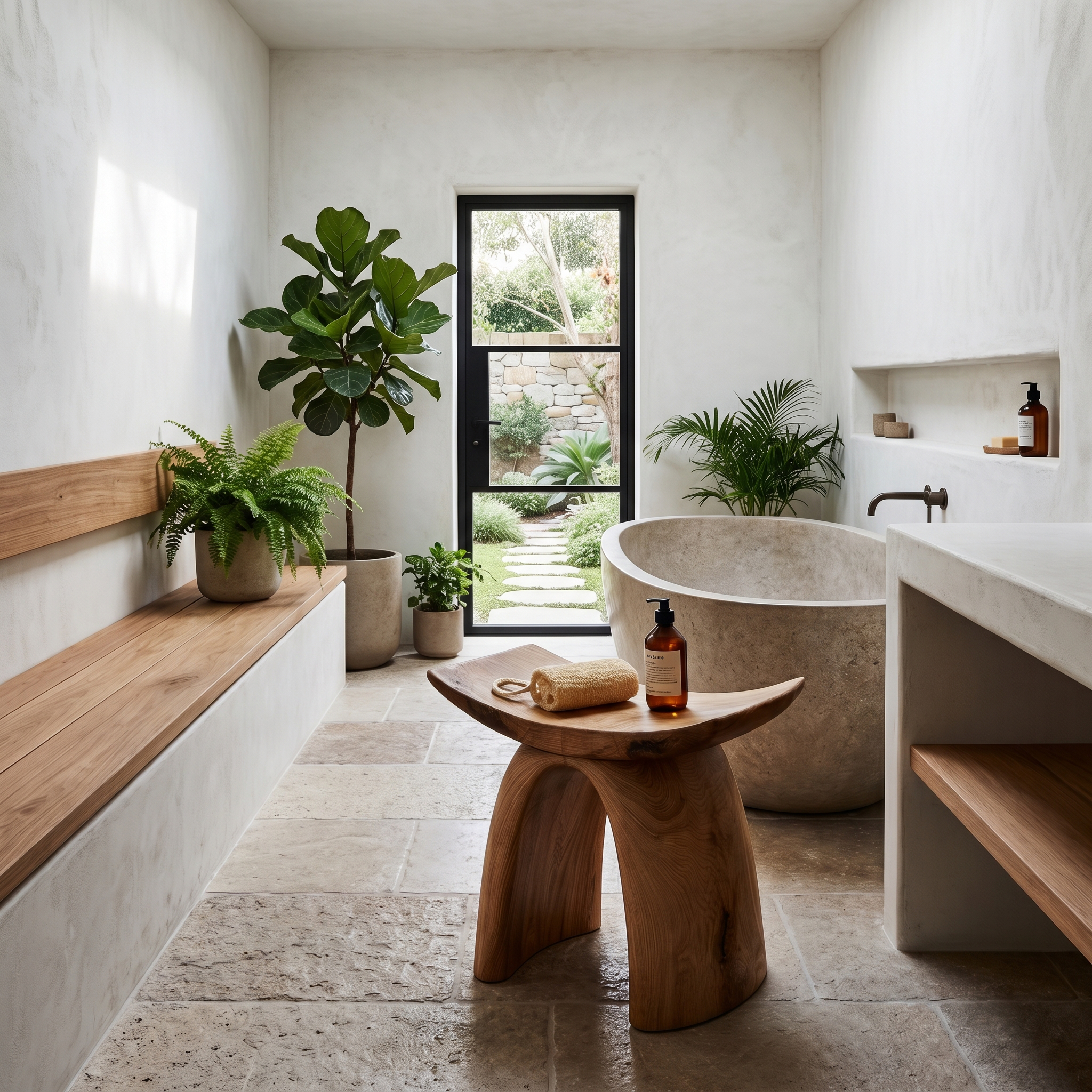 Organic Modern Shower Stool With Sculptural Wood Base For Bathroom SINLHAWS015
