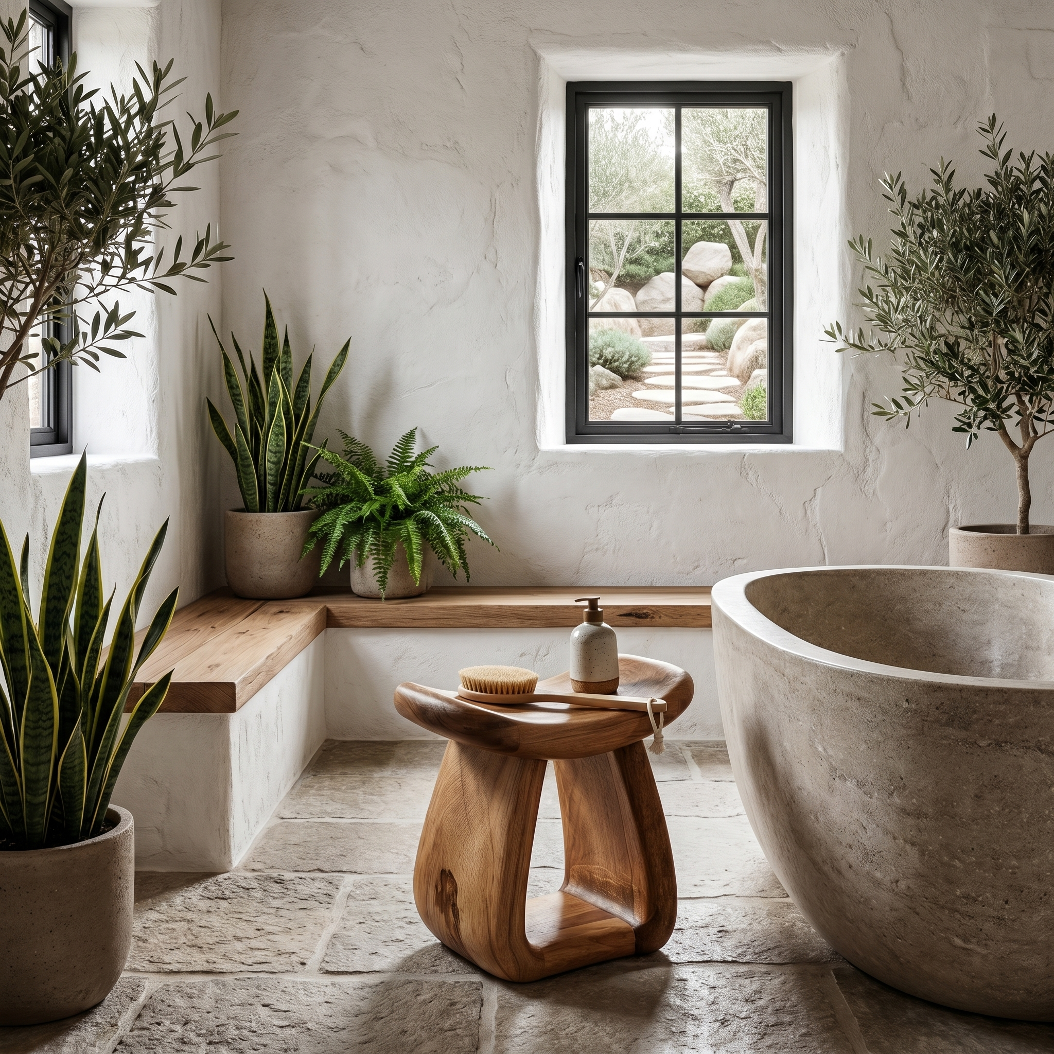Organic Bath Stool With Handcrafted Pedestal Design For Bathroom SINLHAWS016