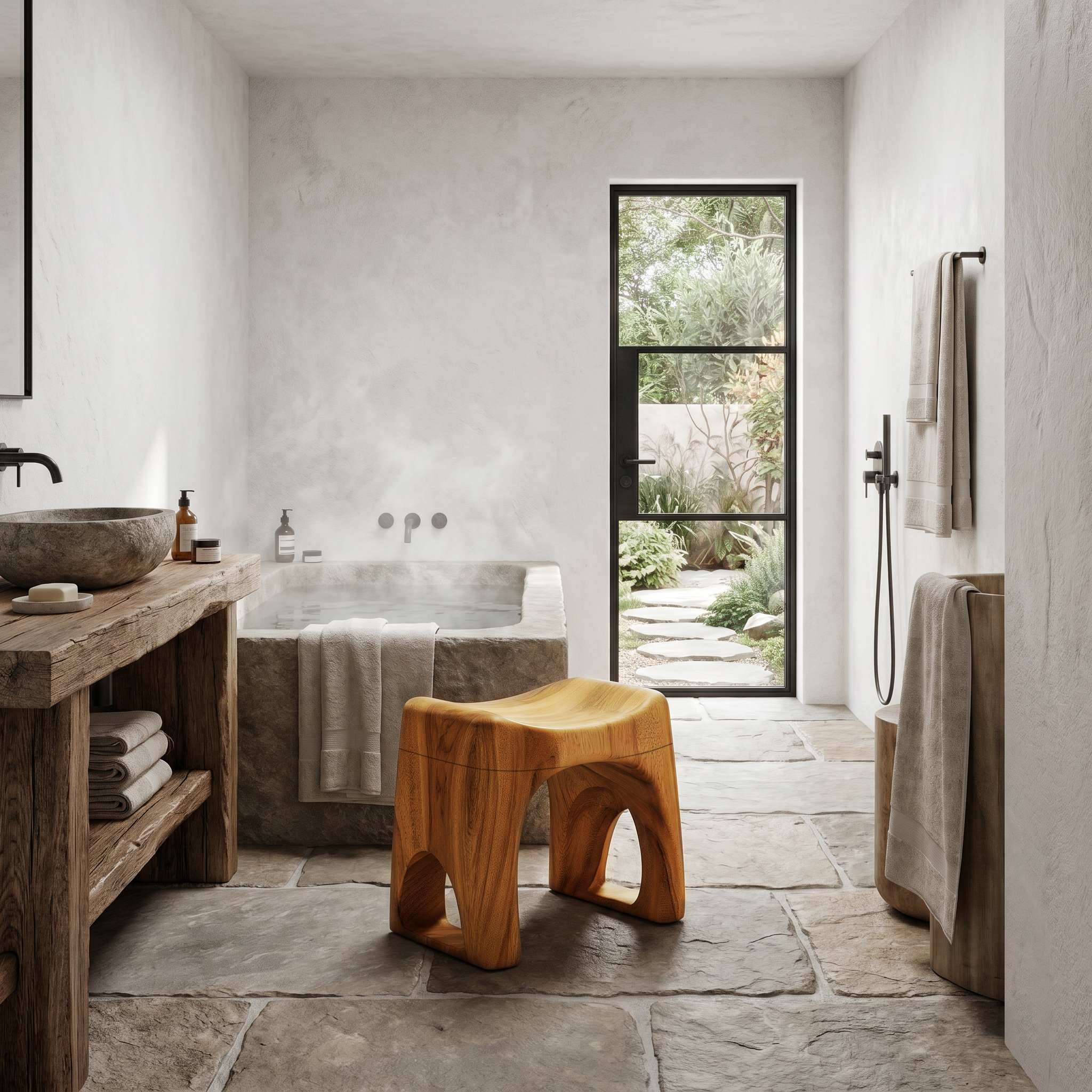 Minimalist Bathroom Stool With Organic Solid Wood Design For Bathroom SINLHAWS017