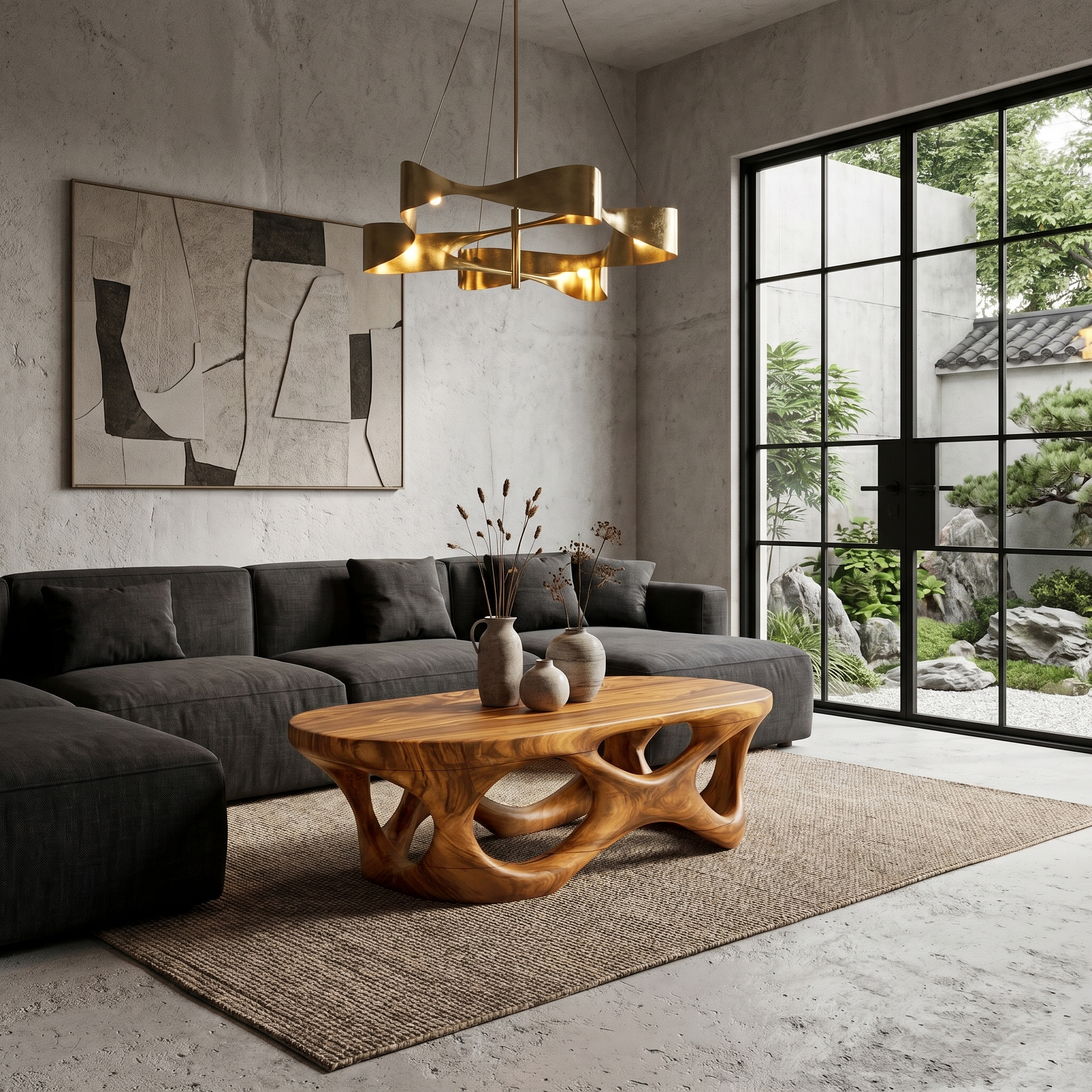 Sculptural Coffee Table With Interlocking Wood Base For Living Room SINLHACF370